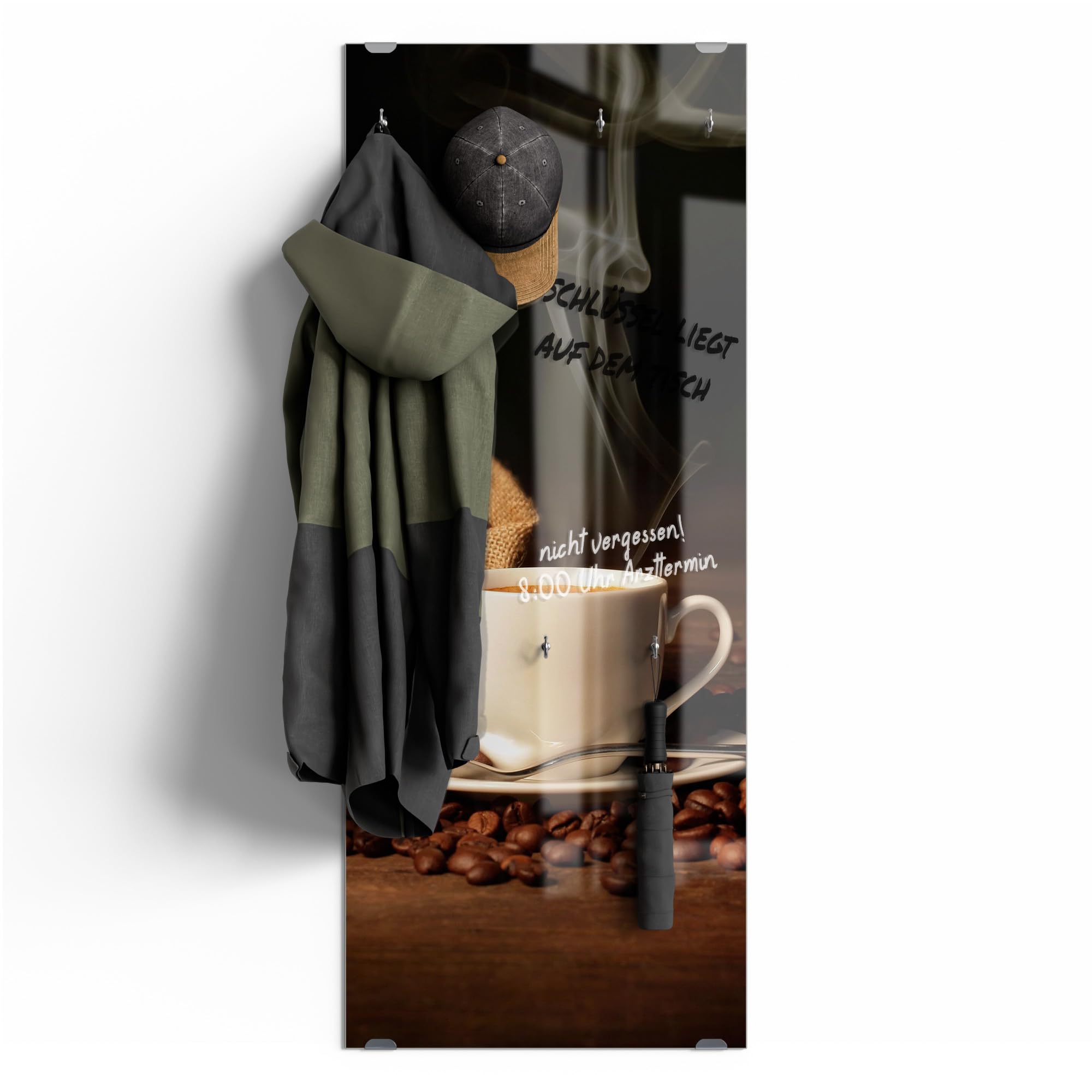 DEQORI Wieszak na ubrania ze szkła z nadrukiem motywu | wzór pionowy, 50 x 125 cm | motyw filiżanki do kawy z ziarnami | szkło bezpieczne ESG z 7 haczykami – możliwość pisania i łatwy montaż – łatwy w
