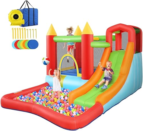 Miniatura 1 de DREAMVAN Casa inflable con soplador castillo hinchable tobogán acuático y piscina para combo húmedo y seco área de rebote divertida con aro de