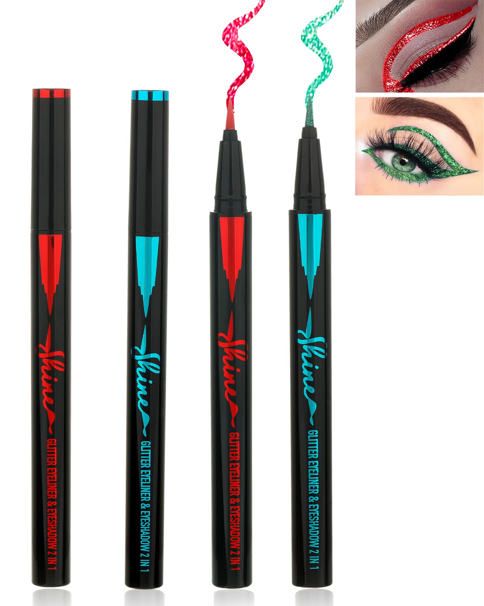 Green Red Glitter Eyeliner Liquid Liner- 2 Colors Metallic Satin Shimmer Colorful Sparkling Eye Liner Eyeshadow Pen,Long Lasting High Pigmented Waterproof &Smudge-proof Eyeliner Pencil (Red&Green)