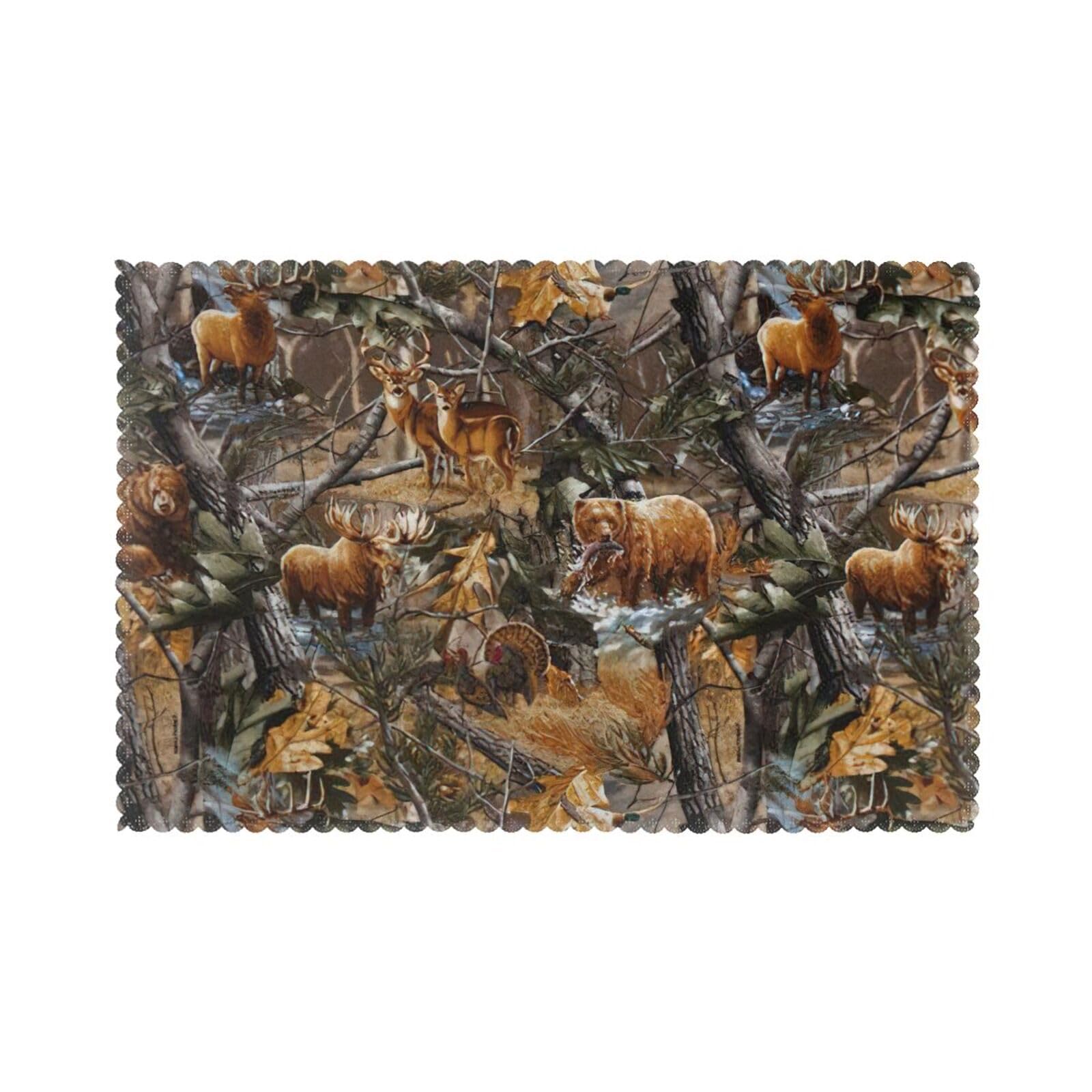 Hunting Deer Bear Moose Print Placemats for Dining Table Set of 6 12x18 Inch Table Mats for Party Kitchen Dining.