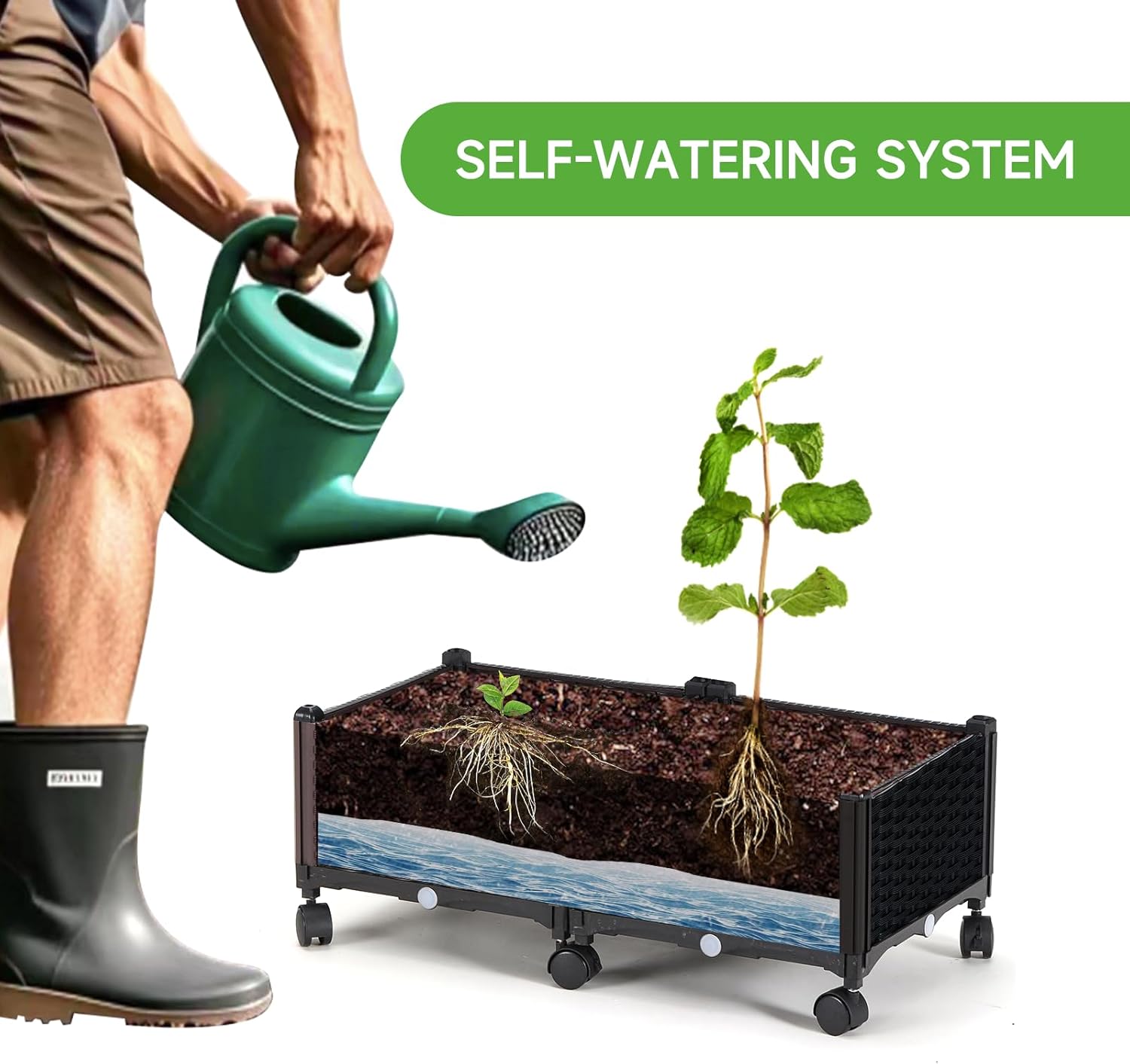 lalahoni Planter Box with Trellis, 4ft Tall Trellis Planter Box with Lockable Wheels for Outdoor Climbing Plants Tomato Flower Vegetable Herb Vine, Resin Self-Watering Raised Bed with Drainage Hole