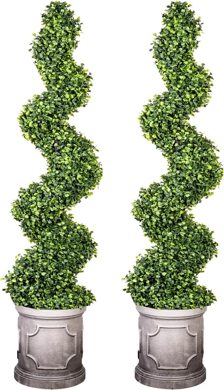 3ft artificial spiral boxwood topiary trees with antique-white roman-style planter - outdoor&indoor year-round garden, porch, entryway decor (2 pack) 3ft-2pack