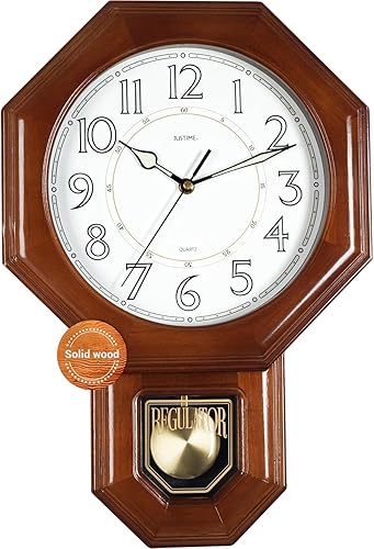 Miniatura 11 de JUSTIME Traditional Schoolhouse - Reloj de pared de péndulo de madera maciza con campanillas cada hora con melodía Westminster (madera natural con