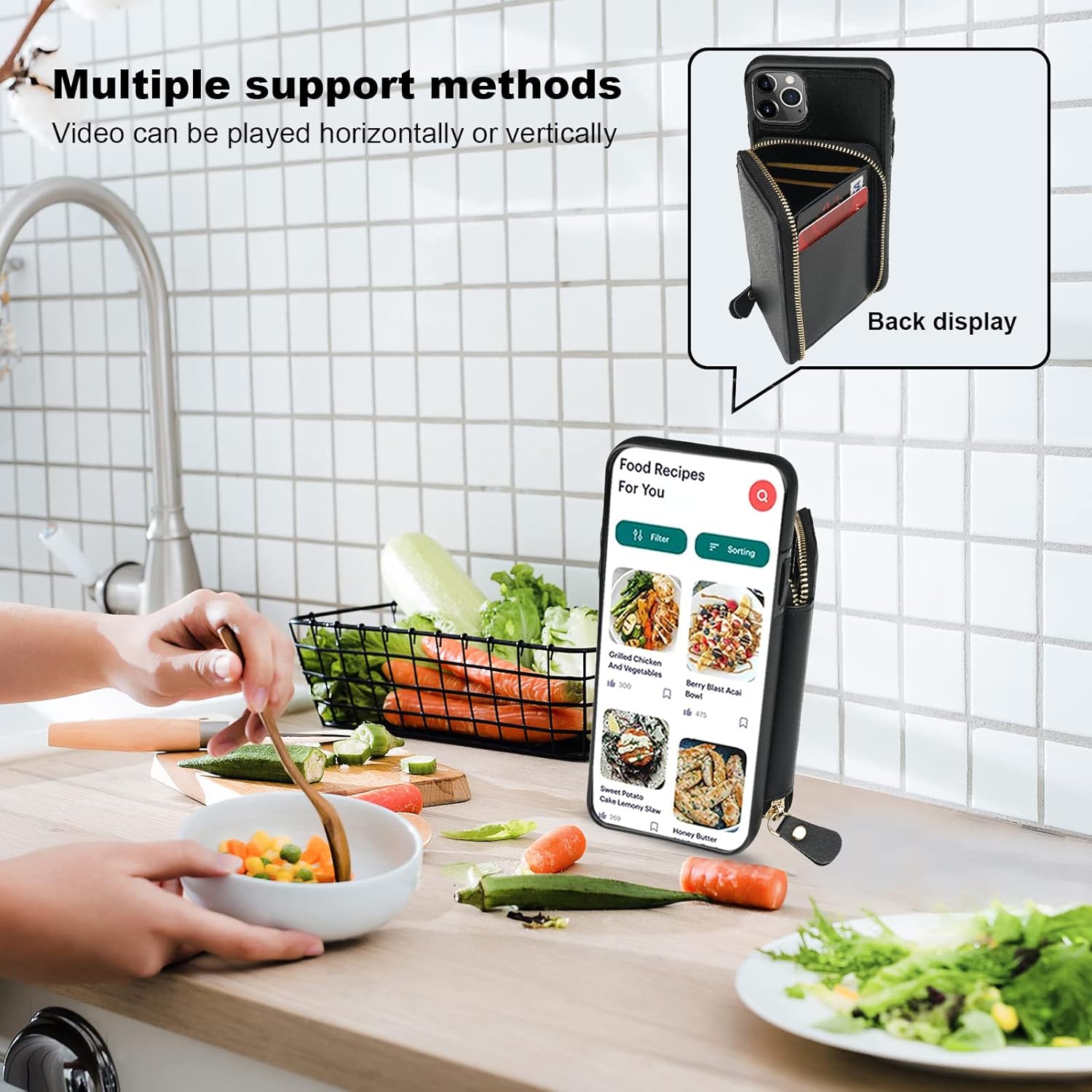 Bocasal RFID Blocking Wallet Case for iPhone 11 Pro Max, Adjustable Crossbody Zipper Purse with Kickstand and Detachable Wrist Strap, PU Leather Flip Folio Case, 6.5 Inch (Black) - Image 6