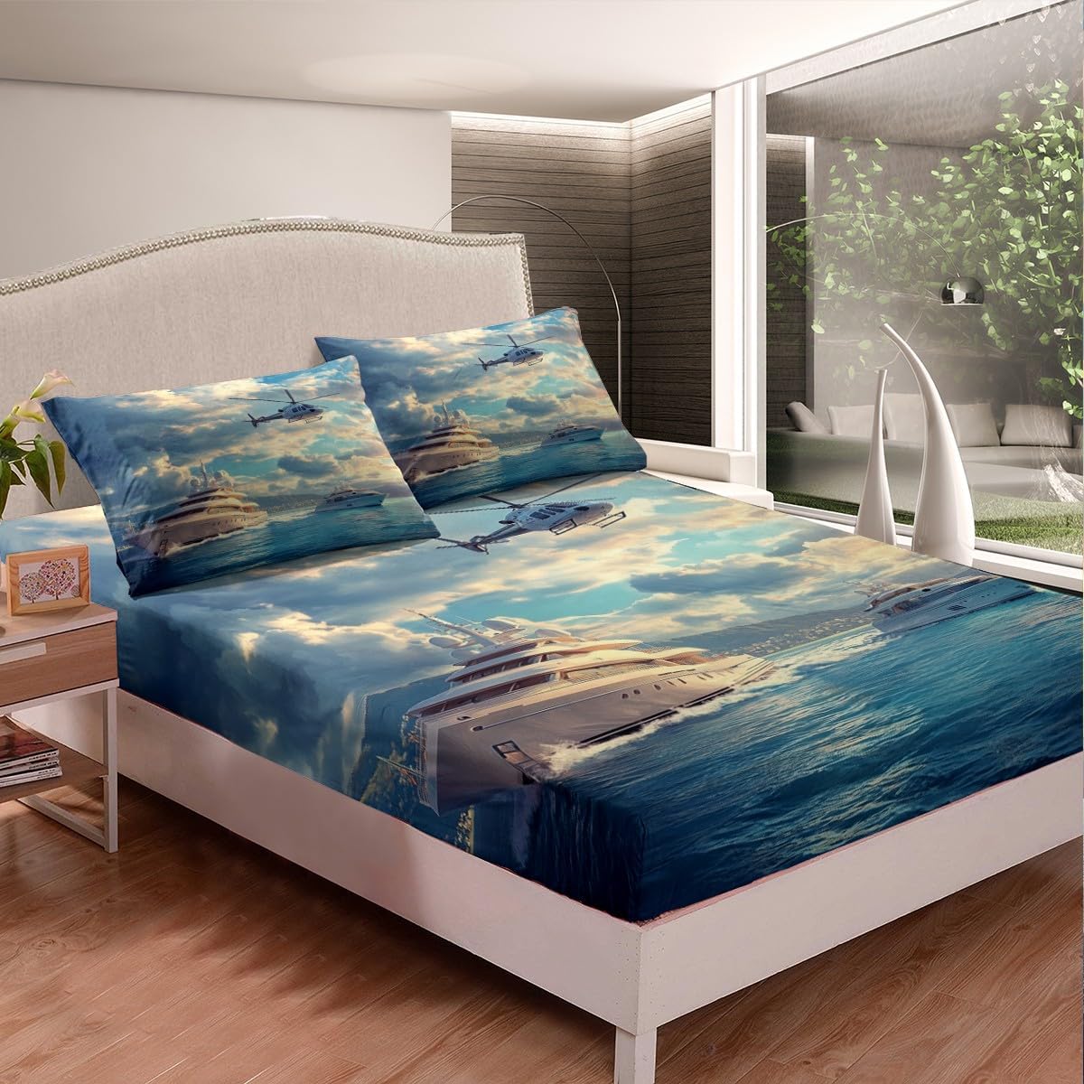 Nautical Ship Fitted Sheet Full Size 3D Helicopter Print Bedding Set for Kids Boys Girls Teens Blue Ocean Wave Bed Sheet Set Military Lover Gift Bed Cover Room Decor,No Top Sheet