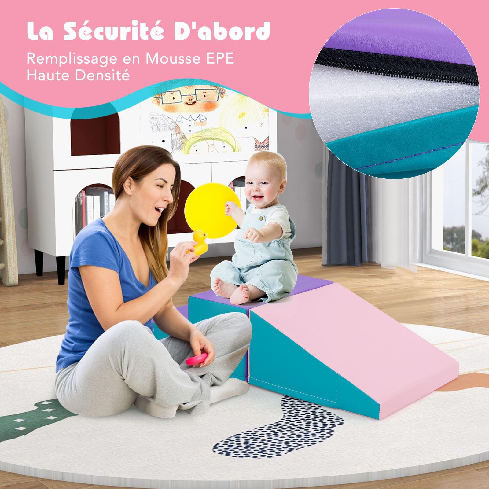 COSTWAY 2PCS Parcours Motricité Bébé en Mousse avec Housse Amovible en PU, Module Motricité Bébé avec Marche & Toboggan, Jouets Éducatifs pour Ramper Grimper pour Enfant d'Âge Préscolaire