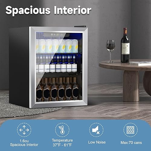 Miniatura 5 de Refrigerador de bebidas, mini refrigerador para 70 latas, puerta de vidrio para bebidas, refrescos, cerveza o vino, refrigerador pequeño para
