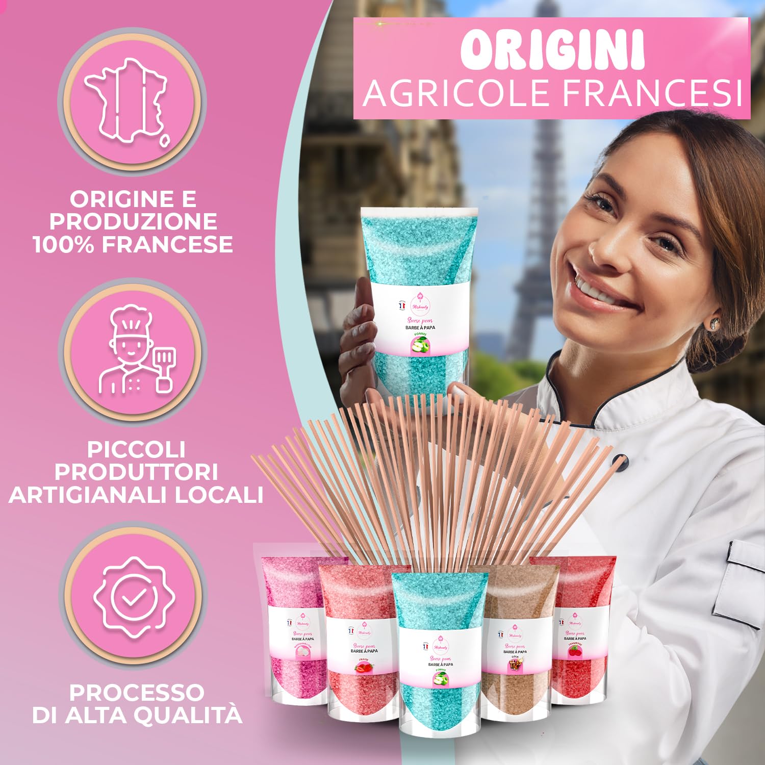 Misskandy® Zucchero per Zucchero Filato (5x160 gr) - Set di 5 Gusti (Fragola/Cola/Mela/Marshmallow/Lampone) - Aromi e Colori Naturali - 20 Bastoncini - MADE IN FRANCE