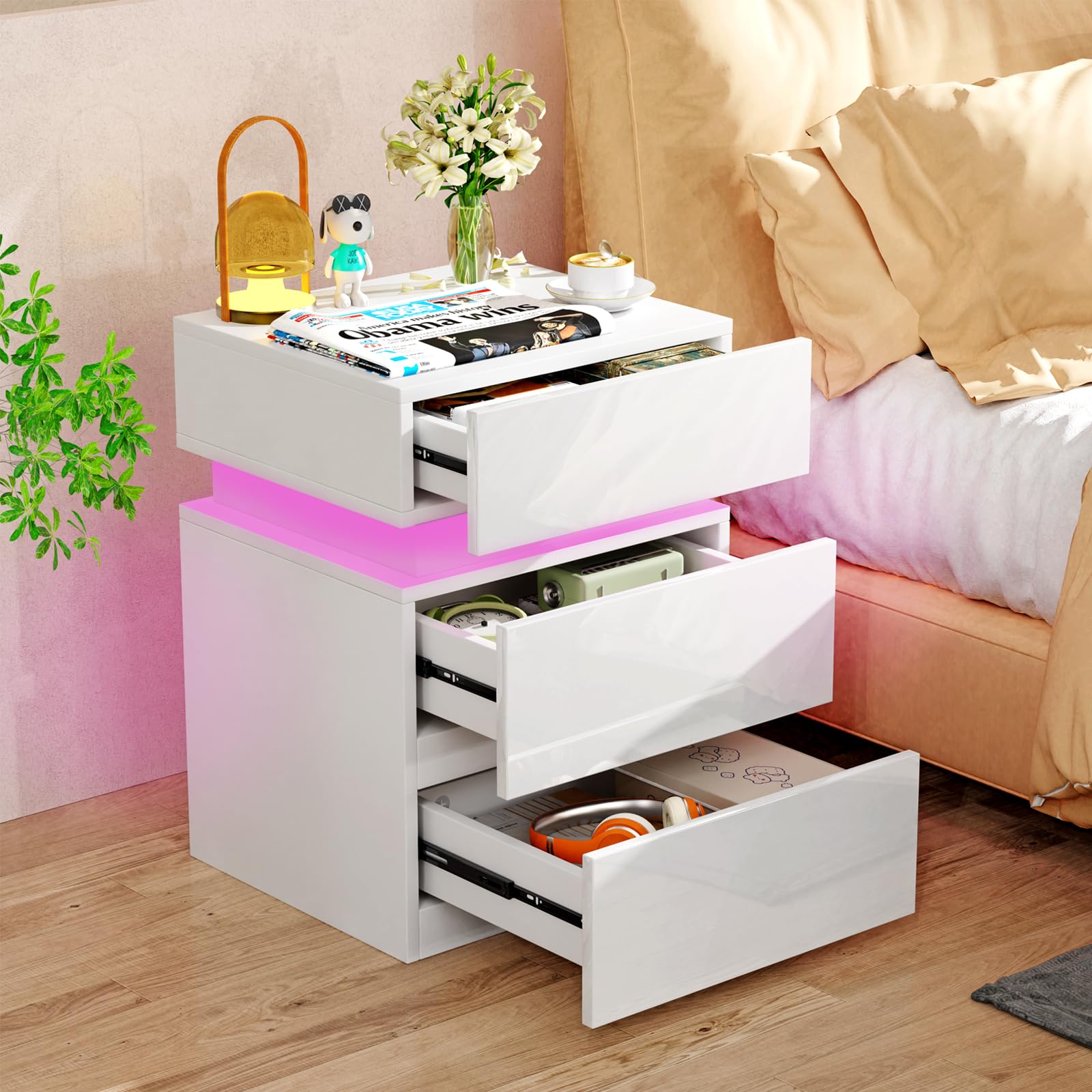 Nachttisch mit led, Einstellbare 16 Farben, Nachttisch mit 2 Schublade und geheimfach, Nachtschrank weiß, Aufbewahrungskommode