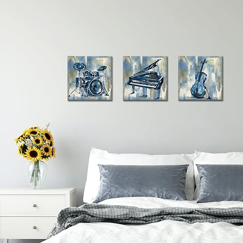 Vista 4 de KLVOS Arte de pared musical para dormitorio, instrumento musical, piano, guitarra, batería, impresiones en lienzo estiradas con temática musical