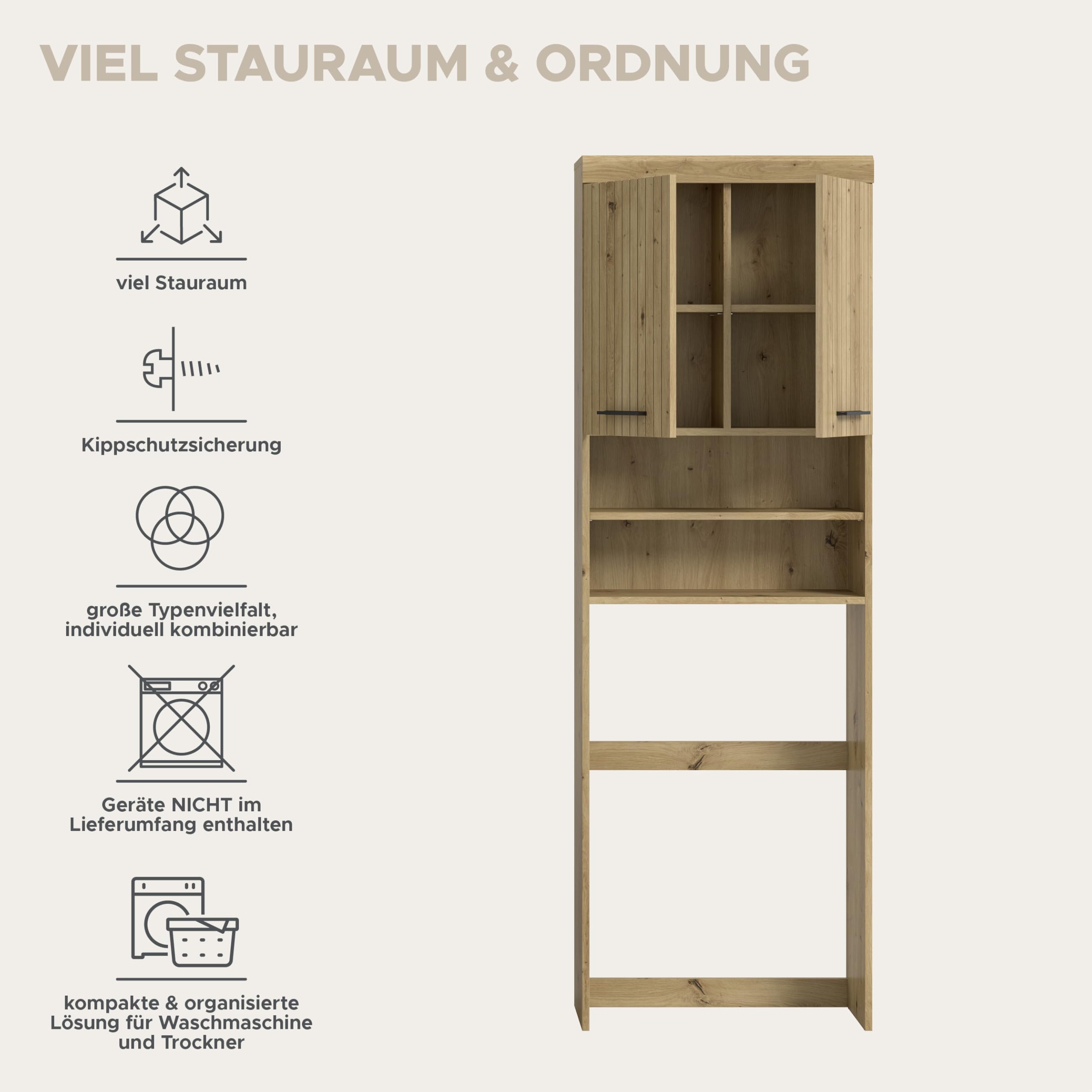 xonox.home – Waschmaschinenüberbau Scout 63x191x24 cm in Artisan & Schwarz – Überbauschrank mit 2 Türen & offenen Fächern – Passend für alle gängigen Waschmaschinen zur optimalen Platznutzung im Bad – Bild 9