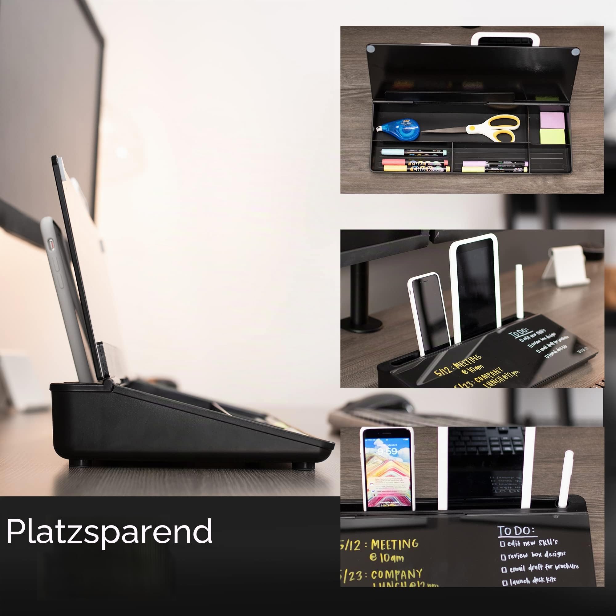 Vivo DESK-WB16B Whiteboard-Organizer aus Glas, 40,6 x 17,8 cm, trocken abwischbar, Schreibtisch-Whiteboard-Organizer mit versteckten Fächern und Geräteschlitz, Schwarz