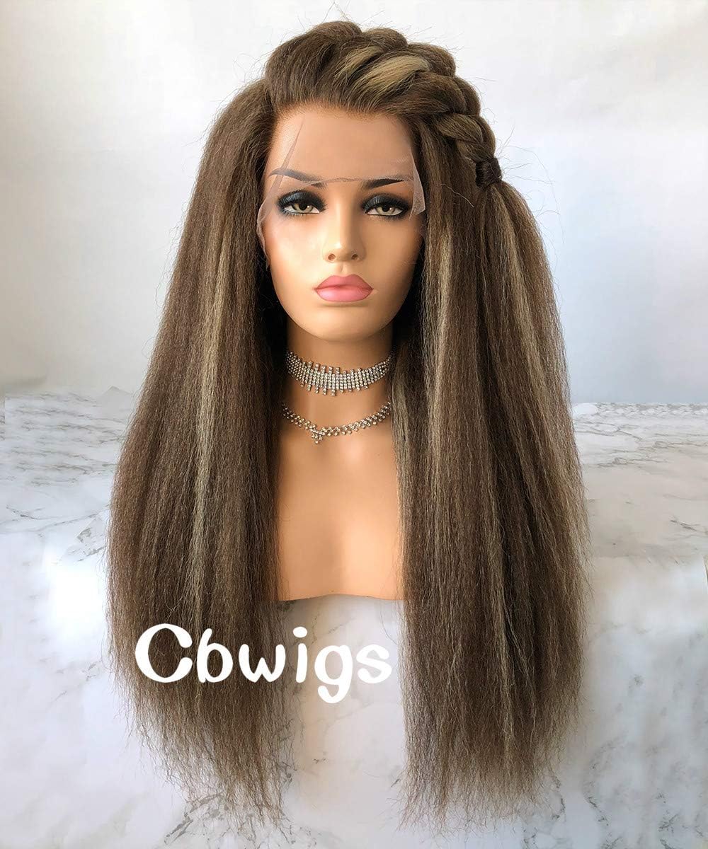 Cbwigs Glueless Brazilian Remy Kinky Straight Wig Italian Yaki Human Hair Wigs (14 inch 130% Density Lace Front Wig, Brown Highlights Blonde)