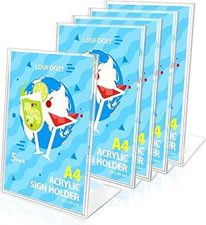 LOUFOGEI A4 Acrylic Sign Holder, 5 Pack L-Shape Clear A4 Display Stand, Menu Holder can Display Menu, Poster, Photo, Tilt A4 Sign Holder for Restaurant, Wedding, Counter, Shop (5 Pcs)