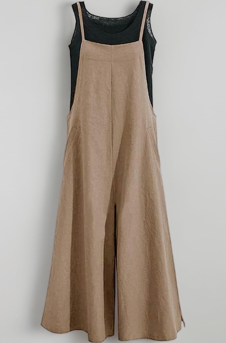 YESNO Women Casual Loose Long Bib Pants Wide Leg Jumpsuits Baggy Cotton Rompers Overalls with Pockets PZZ