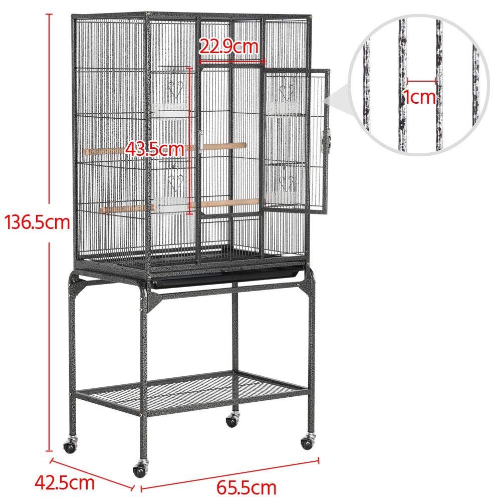 Yaheetech Grande Cage Volière Oiseaux intérieur 65,5 x 42,5 x 136,5cm avec Support Détable à roulettes Noir