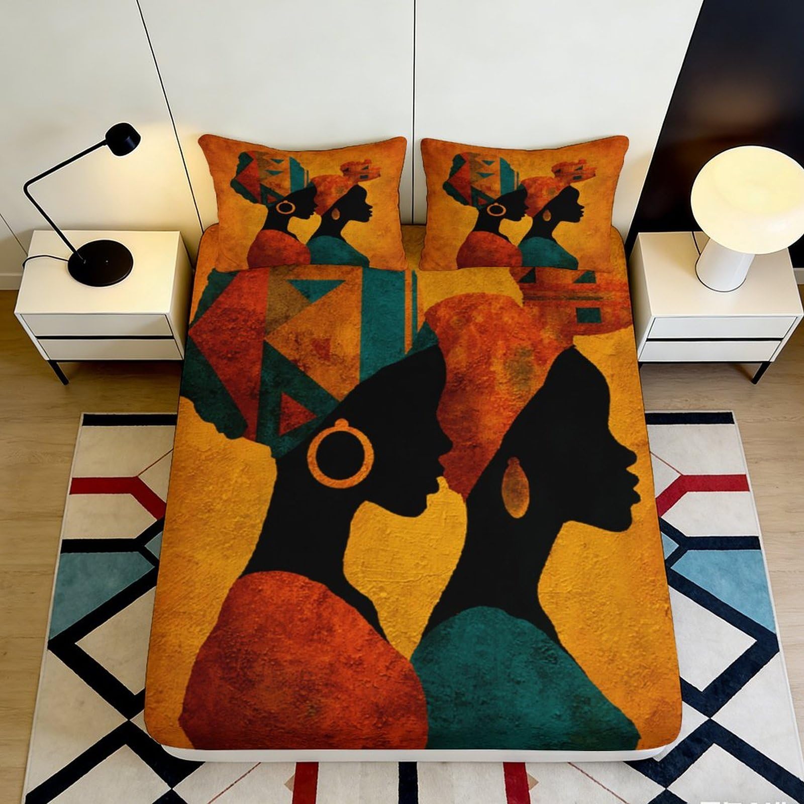 Pnayamiorkfel Style-8 3D Printed African Woman Silhouette Fitted Sheet Microfiber Colourful Tribal Art Mattress Cover Bedroom Decor 90X200x25cm