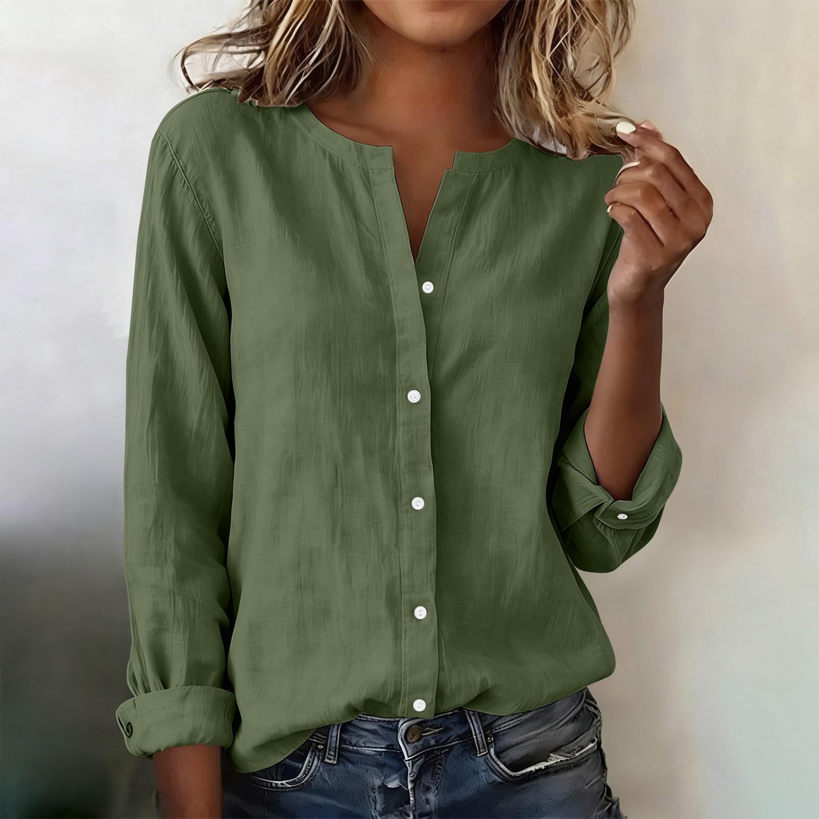Chemise Femme Coton et Lin Manches Longues Col en V Boutonnée Couleur Unie - Chemisier Décontracté Chic Élégant Respirant Été - Blouse Femme Grande Taille pour Travail Quotidien