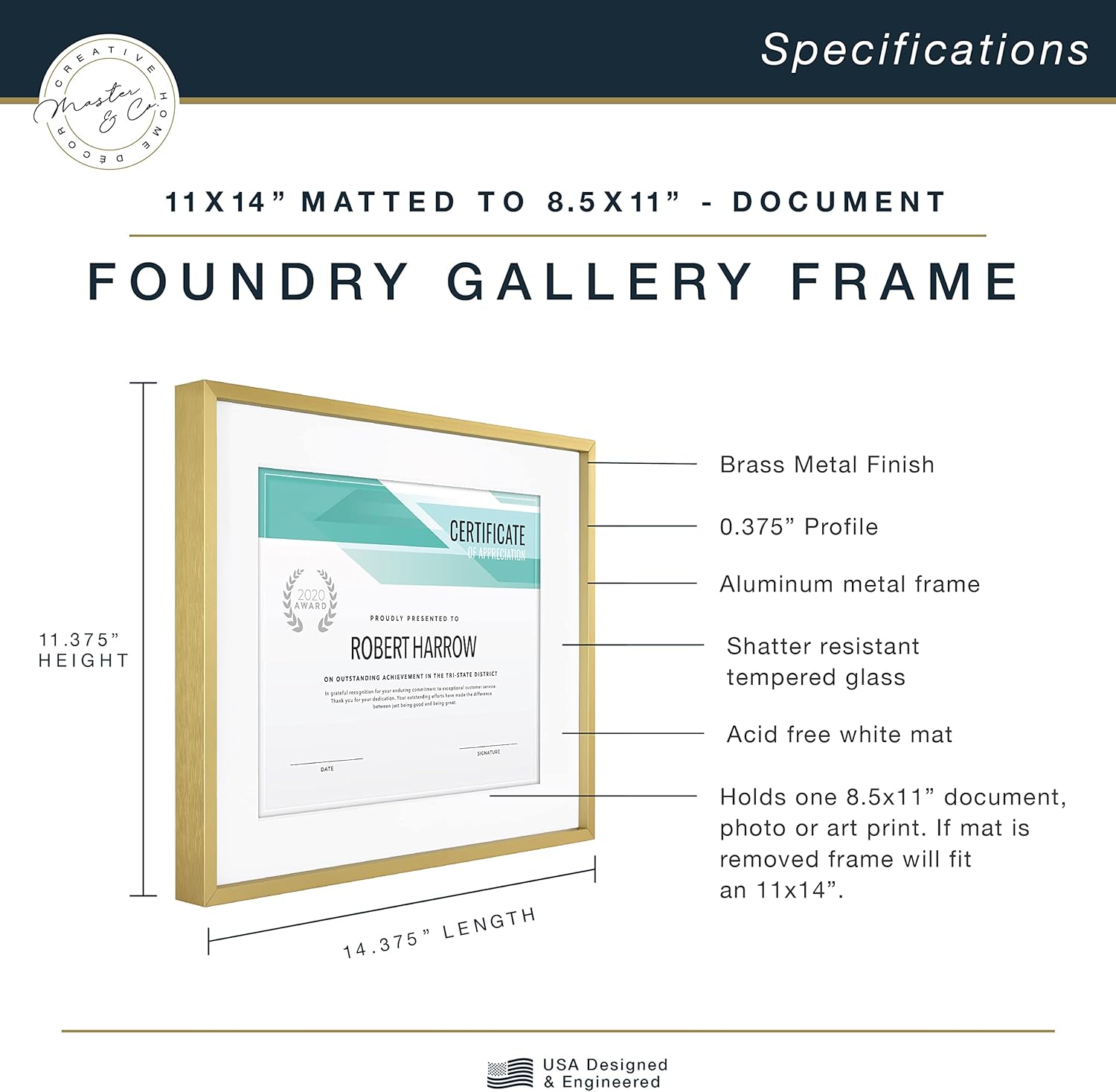 MCS Master & Co. Foundry Metal 11x14 Matted Picture Frame with 8.5x11 Photo Display, Brass Vertical & Horizontal Wall Hanging Frame for Photos & Artwork (1-Pack) - Image 3