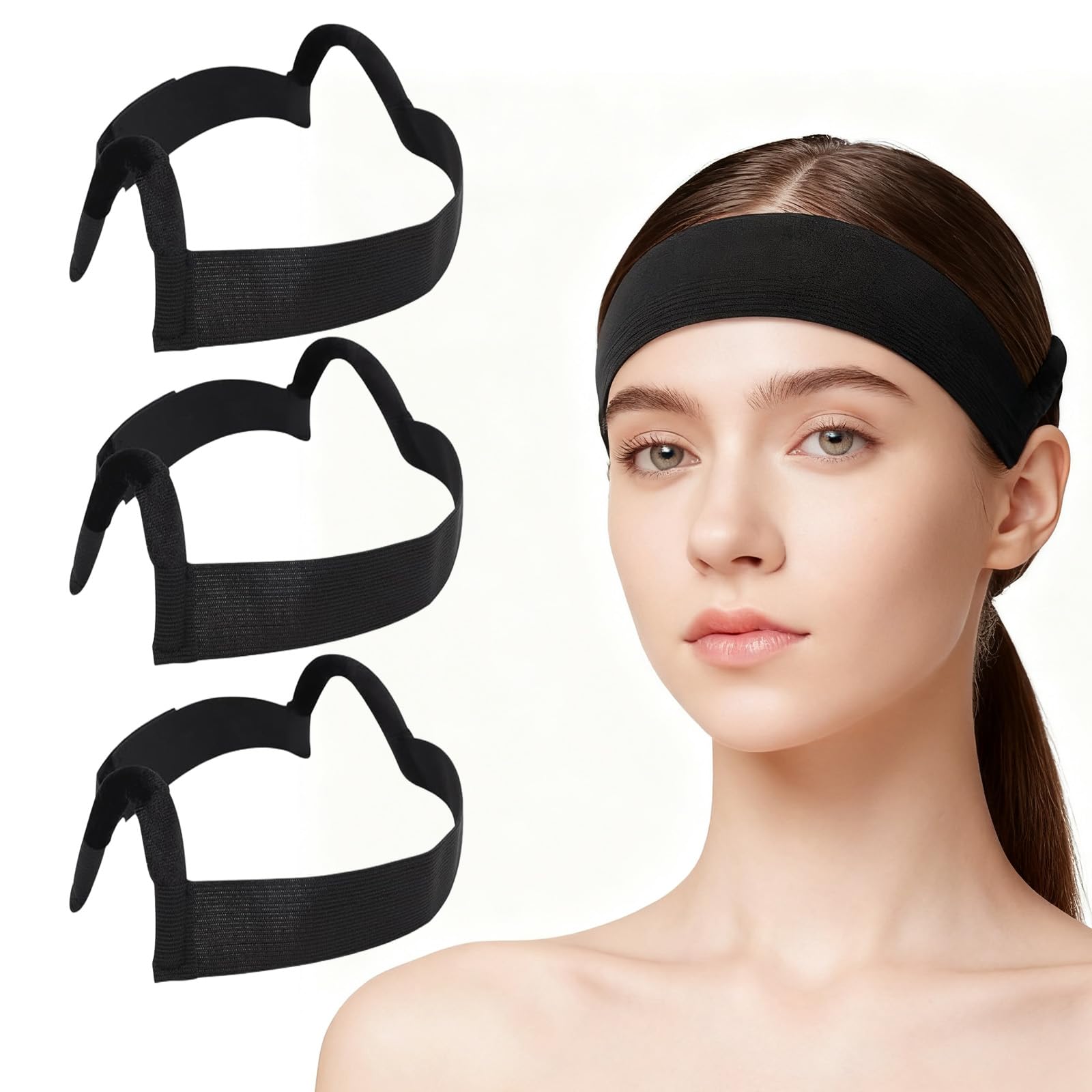 3 Fasce Antiscivolo Per Parrucche Frontali In Pizzo, Design Ergonomico A Forma Di C, Elastico Indolore, Nero, Per Donna - 3