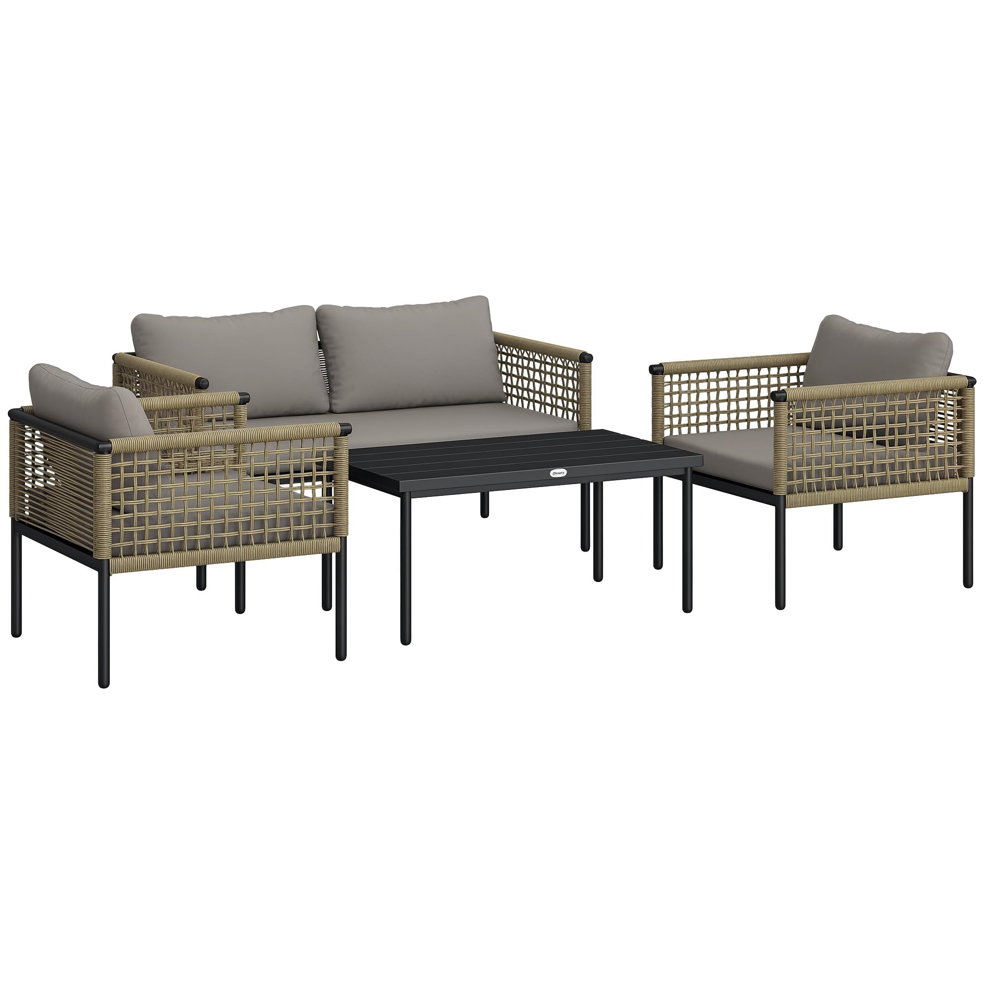 Outsunny Conjunto de Jardín Exterior de Ratán Sintético Natural y Gris | 4 Piezas, Muebles de Jardín Exterior, Incluye 1 Sofá Doble, 2 Sillones, Mesa de Centro con Cojines