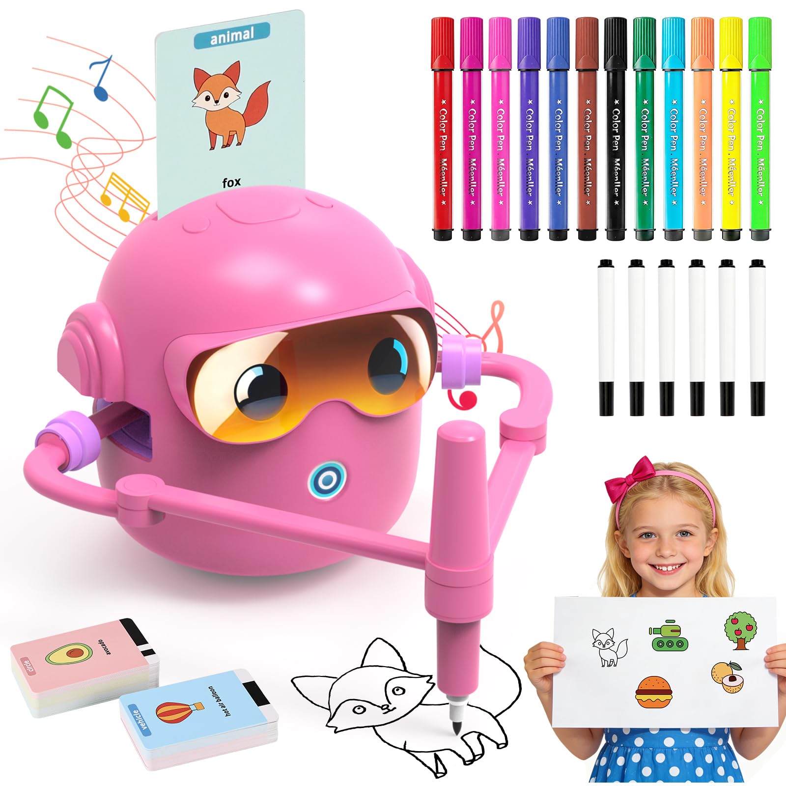 Drawing Robot, Robot de Dibujo para Niños con 100 Tarjetas y 12 rotuladores, Robots Inteligente Juguete Recargable, Juguete Educativo Interactivo con Voz para Niños y Niñas a Partir de 3 Años