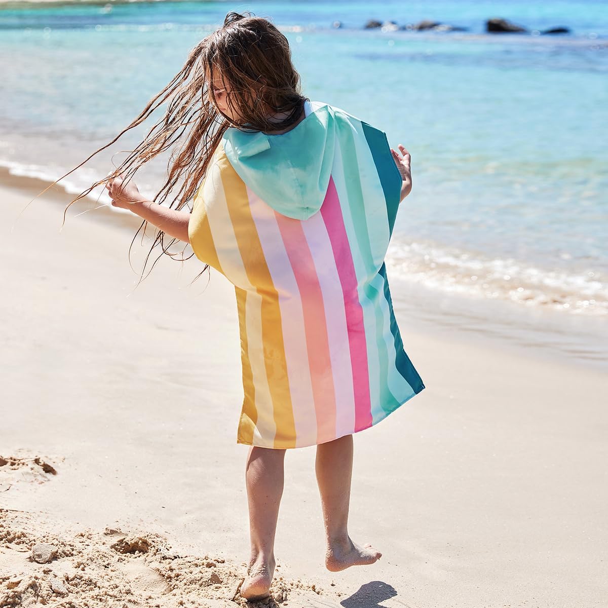 Dock & Bay Poncho with Hood - for Kids - Super Absorbent, Quick Dry - Includes Bag - Coastal Candy, Small (Age 4-7)