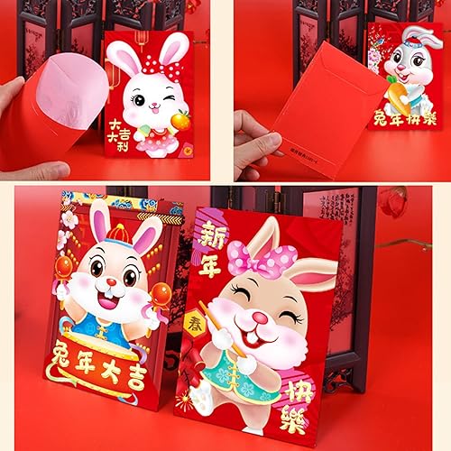 Miniatura 7 de Honrane 12 sobres rojos chinos de Año Nuevo sobres de dinero de la suerte sobres de bolsillo rojo del Año del Conejo sobre rojo del zodiaco de