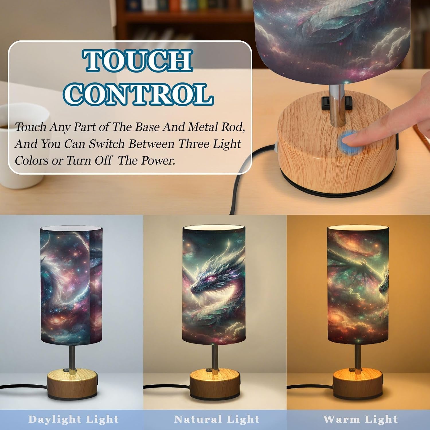 Galactic Dragon Bedside Table Lamp with USB - 3 Way Dimmable Touch Lamp with with Wood Base, Charging Station, Fabric Shade for Bedroom Nightstand