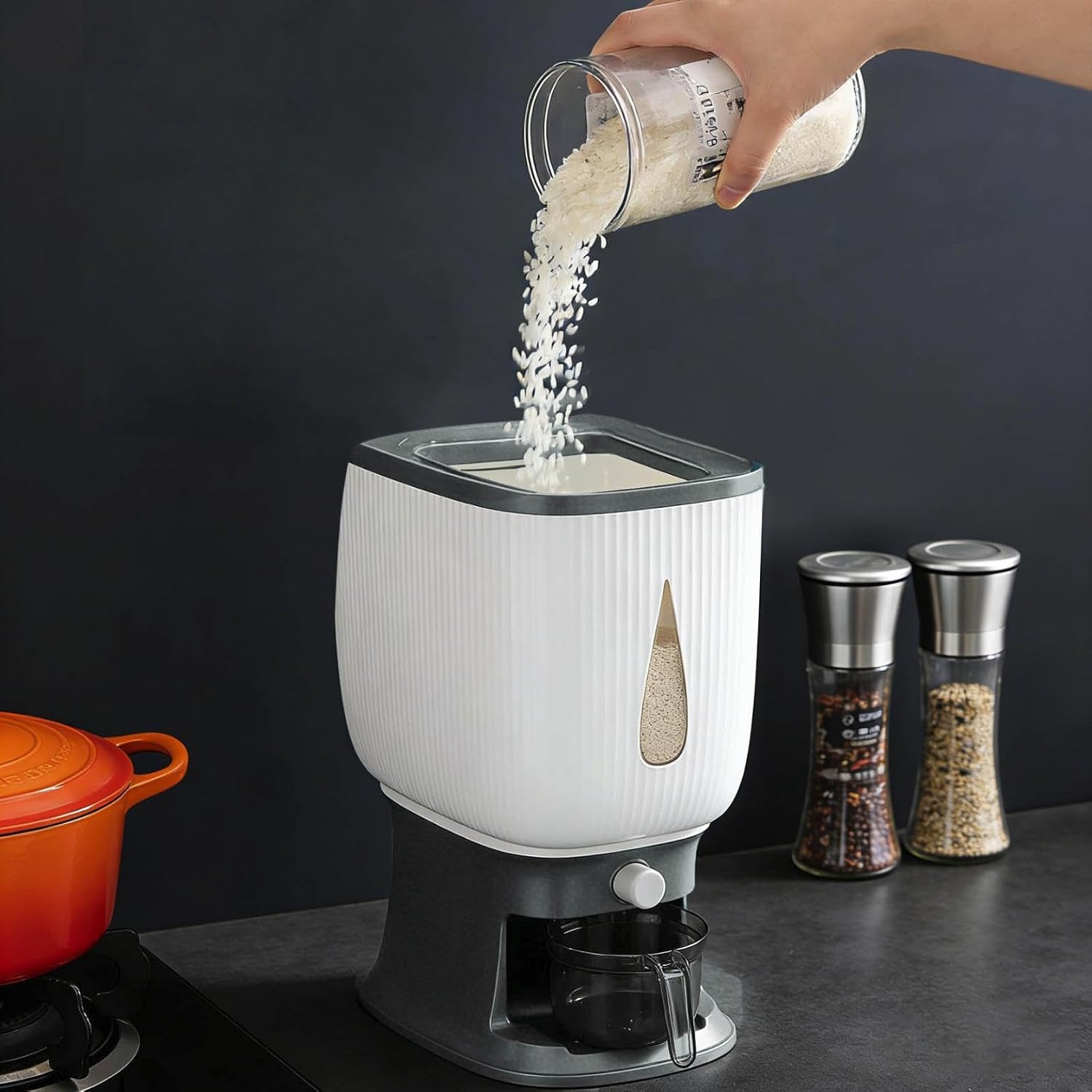 Airtight Rice Storage Container 10kg/22lb Large Cereal Dispenser with Measuring Cup Kitchen Pantry Food Holder with View Window BPA-Free Dry Food Storage gray