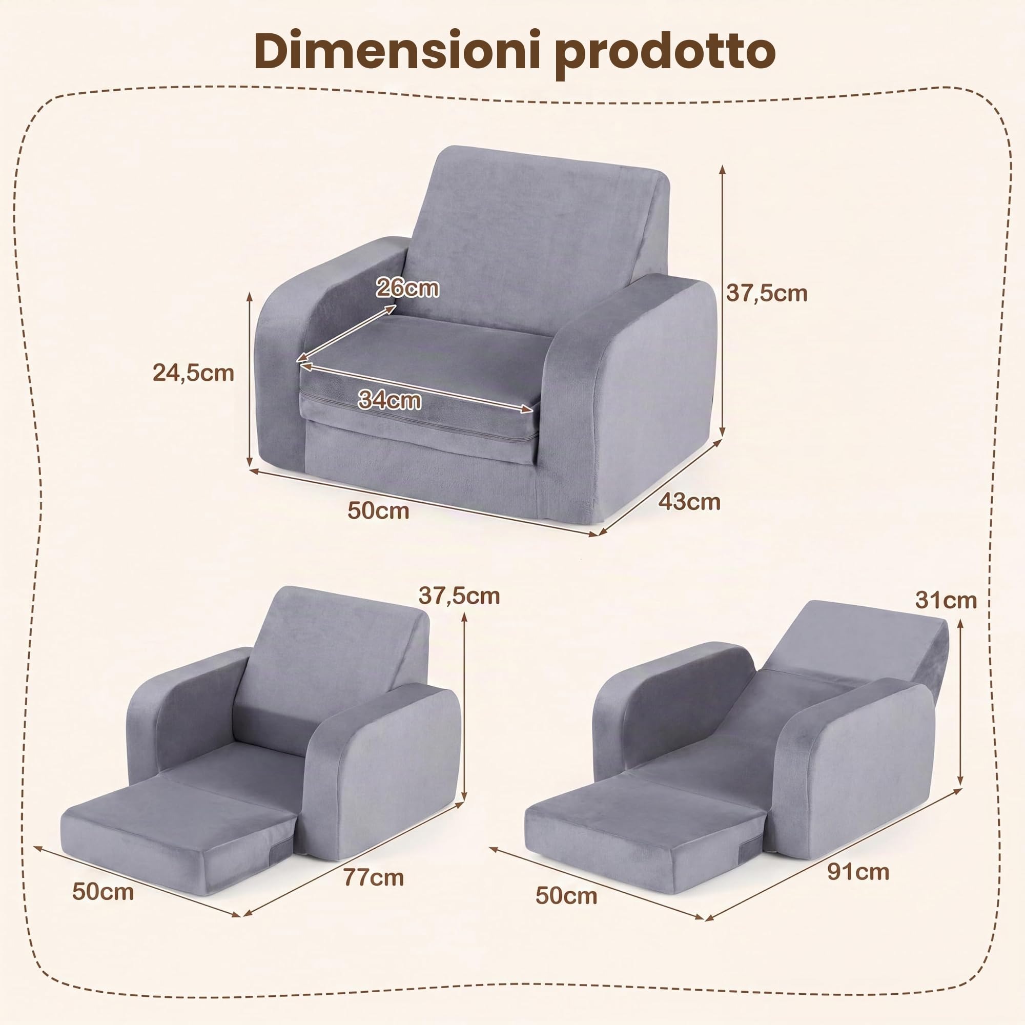 LIFEZEAL Divano per bambini pieghevole 3 in 1, mini divano per bambini pieghevole con fodera rimovibile in velluto cristallo, divano letto in schiuma, poltrona per bambini per camera da letto e sala