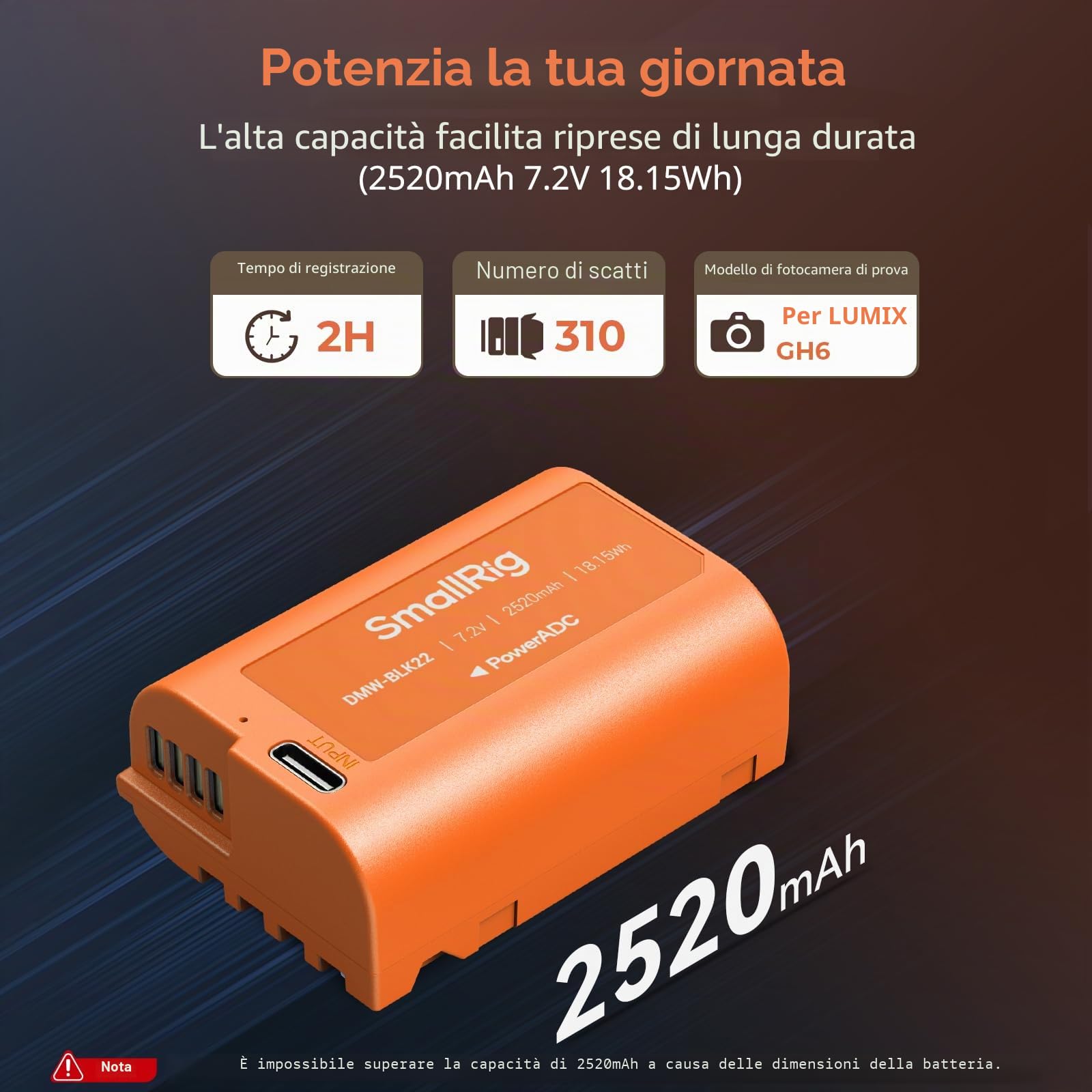 SMALLRIG DMW-BLK22 Batteria 2520mAh USB-C Battery Sostitutiva, 2.5H Batteria Completamente Carica per Panasonic LUMIX S5, S5 II, GH7, GH6, S9, S9 II, S5 IIX, Arancione - 4979
