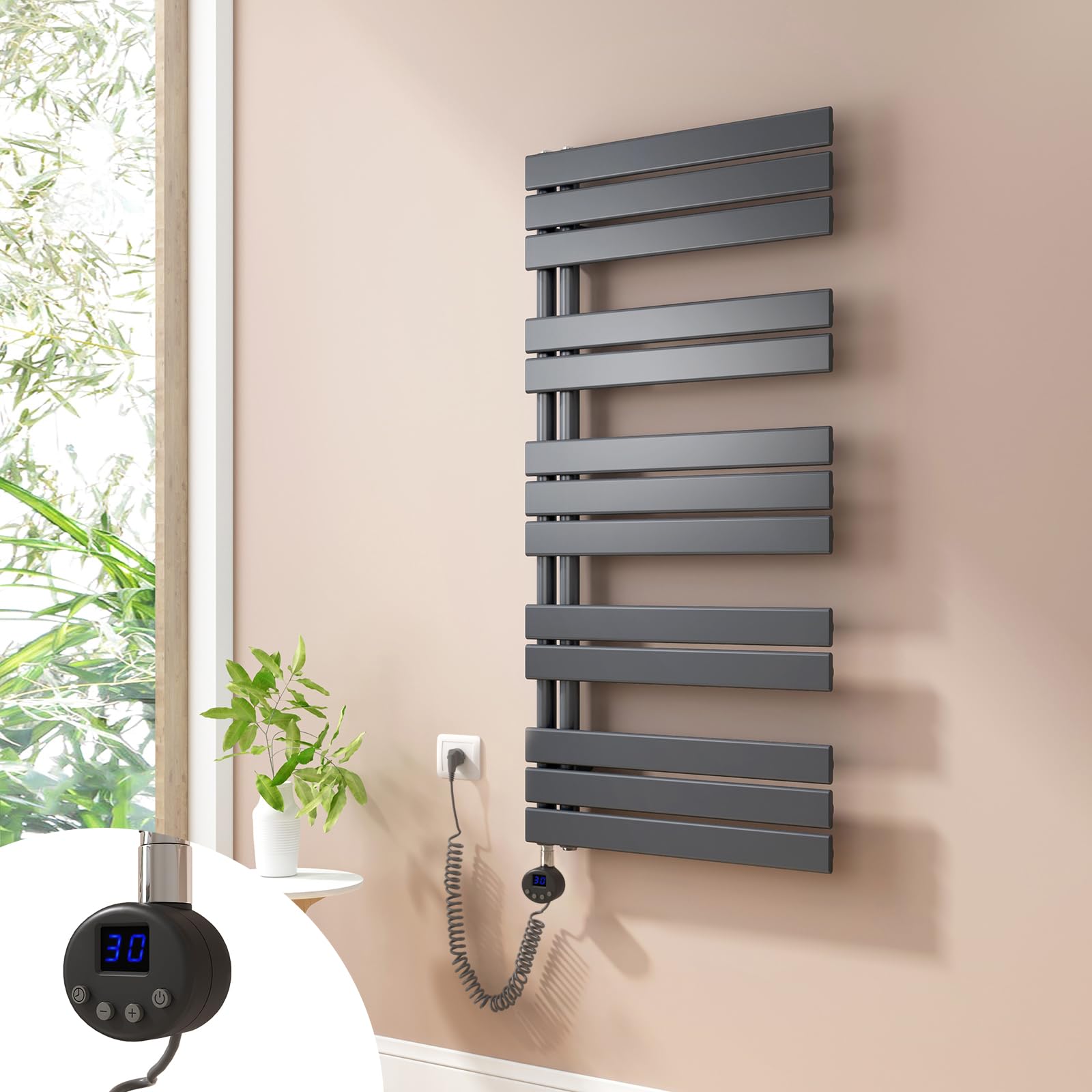 Heilmetz Badheizkörper Elektrisch Handtuchheizkörper Elektrisch mit Thermostat mit Timer-Funktion Heizkörper Badezimmer Anthrazit Badheizkörper 60x117.6cm