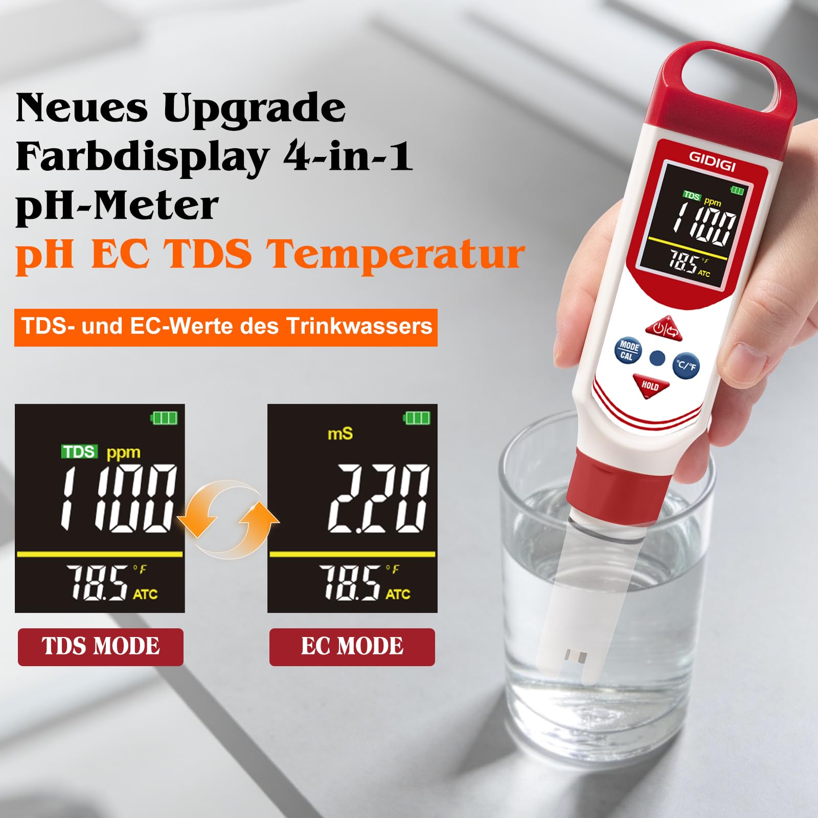 pH EC Messgerät für Hydrokultur, Digitales pH, TDS, EC, ppm Messgerät mit Farbdisplay, Hochpräzise pH Stiftsonde für Trinkwasser, Nährlösungen, Aquarien, Pools und den Hausgebrauch