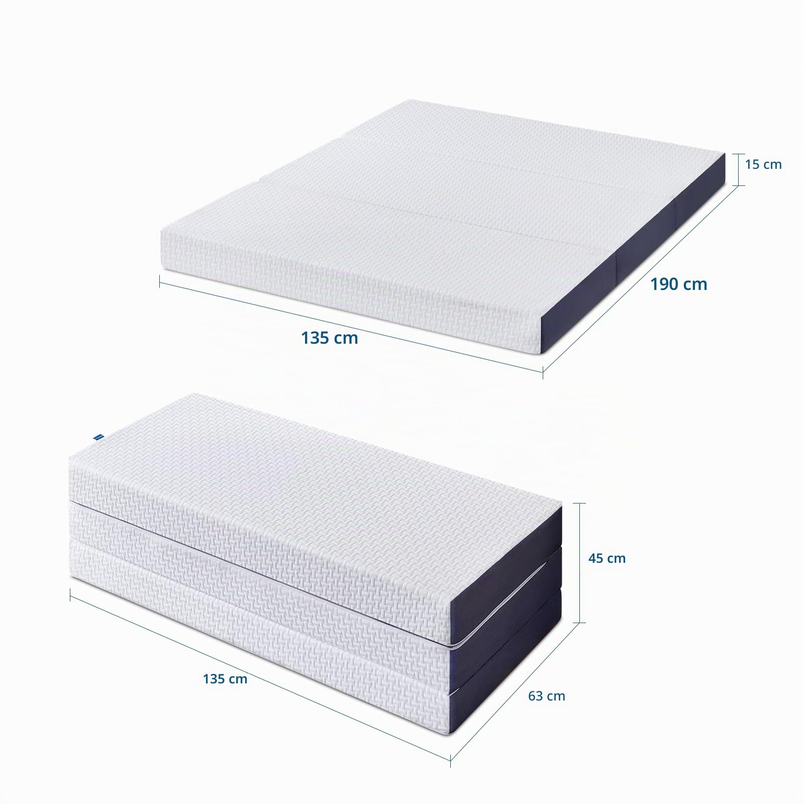 Inofia Colchón de espuma viscoelástica con triple pliegue, colchón plegable de 15 cm con funda lavable, plegable en tres, ahorro de espacio, cama en caja, prueba de 100 noches (135 x 190 x 15 cm)