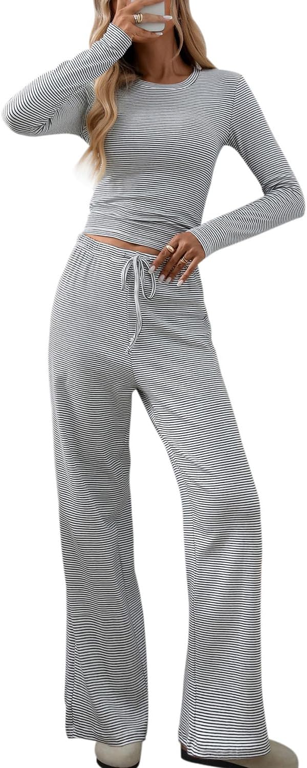 CHYRII Womens Two Piece Sets Fall Fashion Striped Long Sleeve Tops Wide Leg Palazzo Pants Outfits Loung Sets