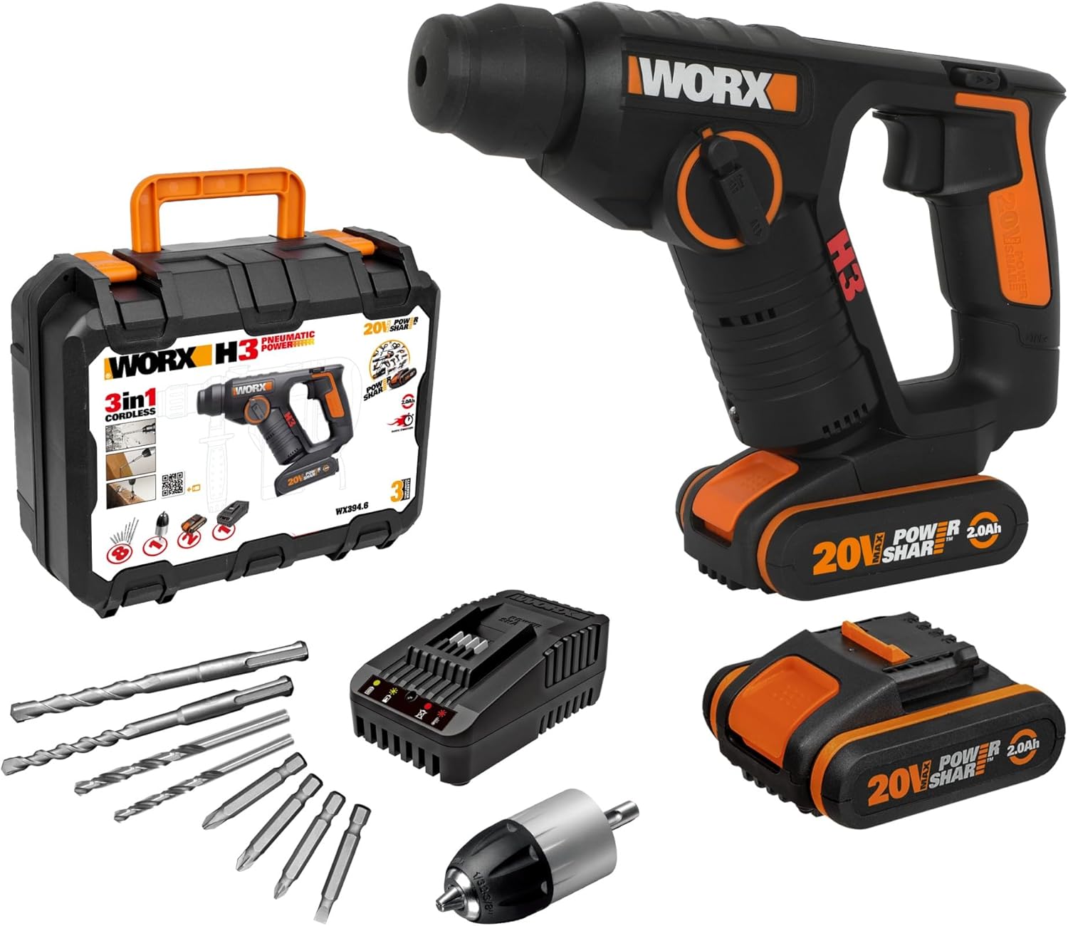 WORX WX394.6 Cordless Rotary Hammer kit with charger, batteries, bits, and carrying case