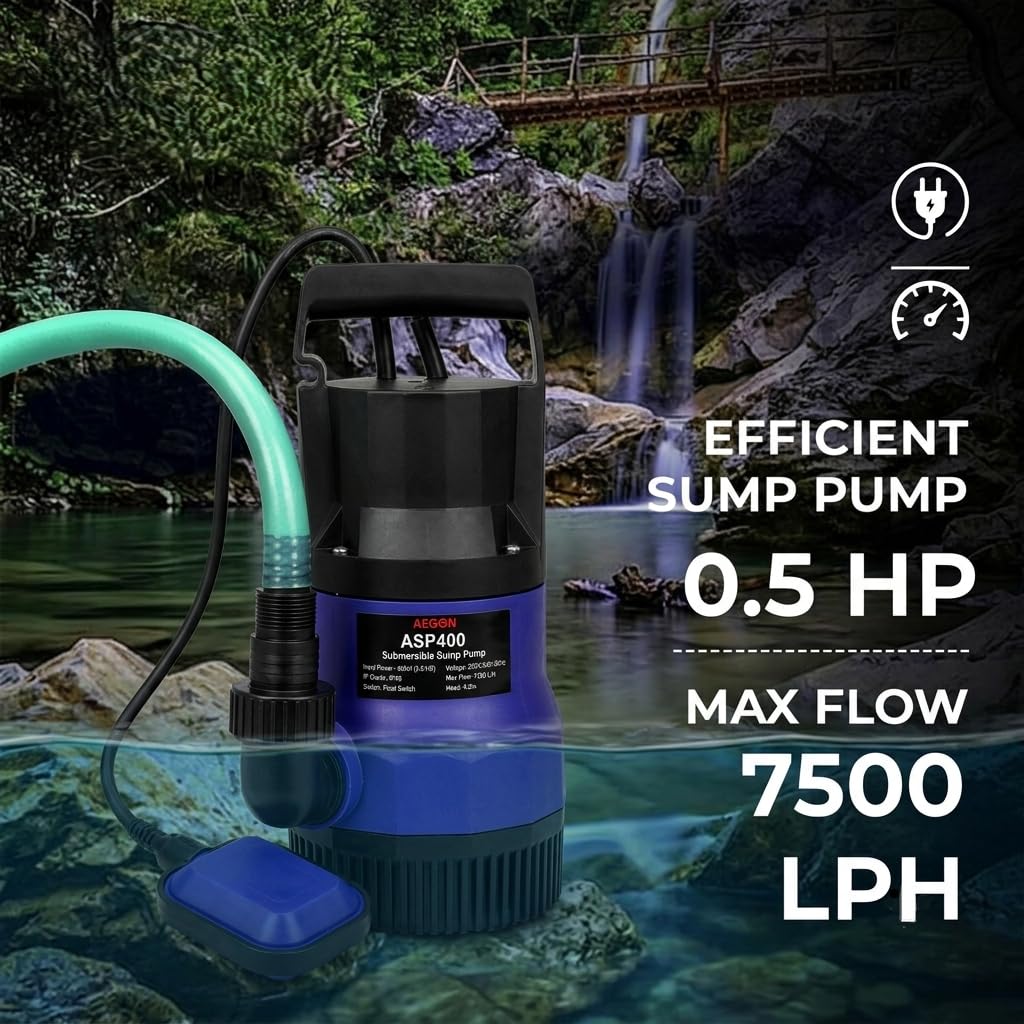 Aegon ASP400, Single Phase IPX8, 0.5Hp, 400W Pure Copper Submersible Sewage Pump | Water Drain Pump with Float Switch - 7500 L/H, Head 4.5mtr (Dark Purple) 3