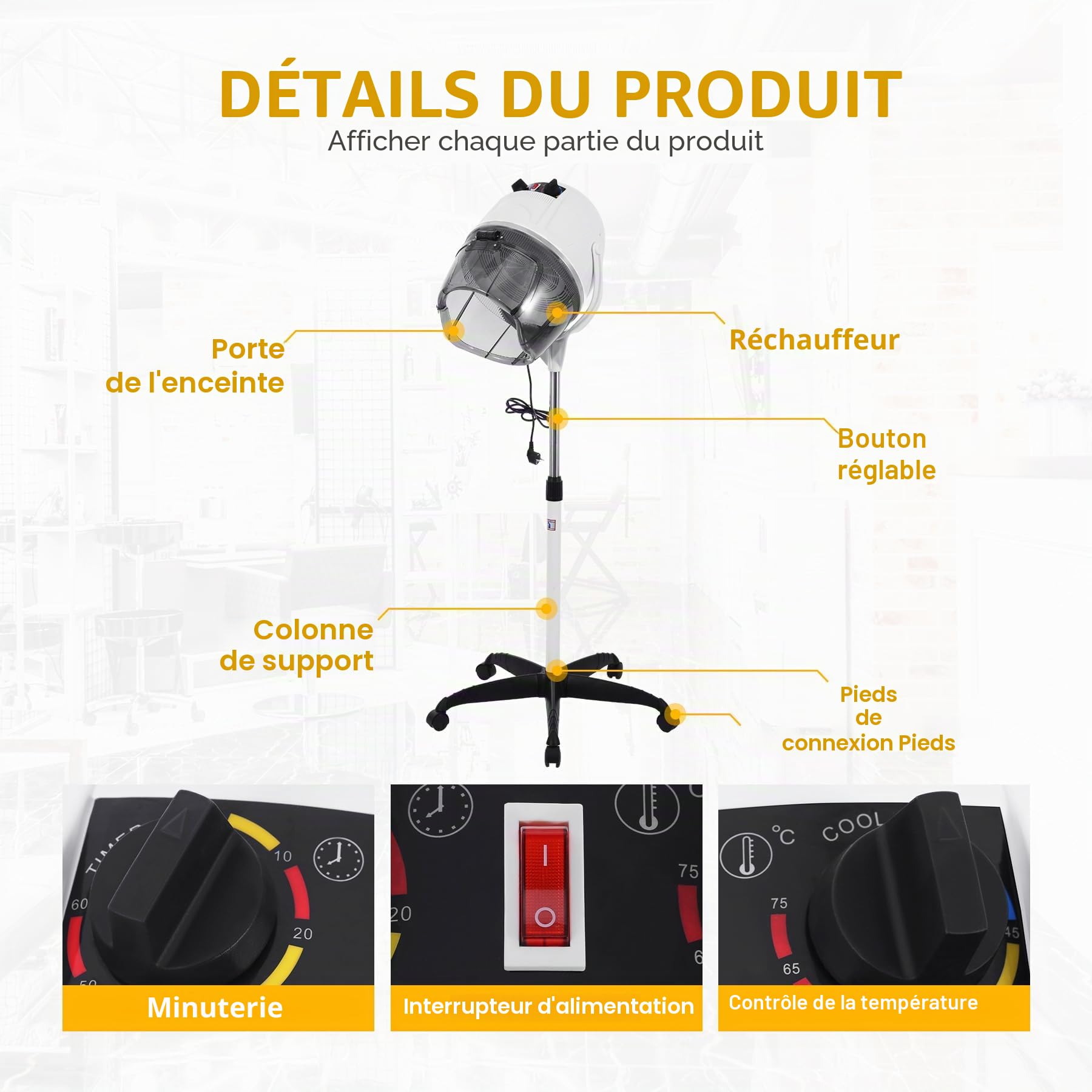 Casque Chauffant Professionnel sur pied, Casque Sèche-Cheveux avec Minuterie pour salon de Coiffure pour salon de Coiffure Spa, Blanc