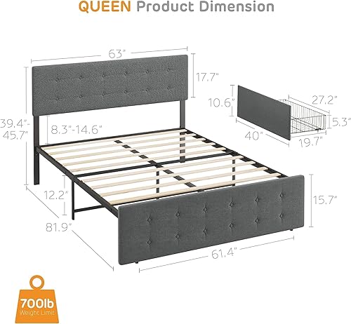 Miniatura 9 de GAOMON Base de cama de tamaño matrimonial con 4 cajones de almacenamiento y cabecero, base de colchón tapizada con plataforma completa, base de