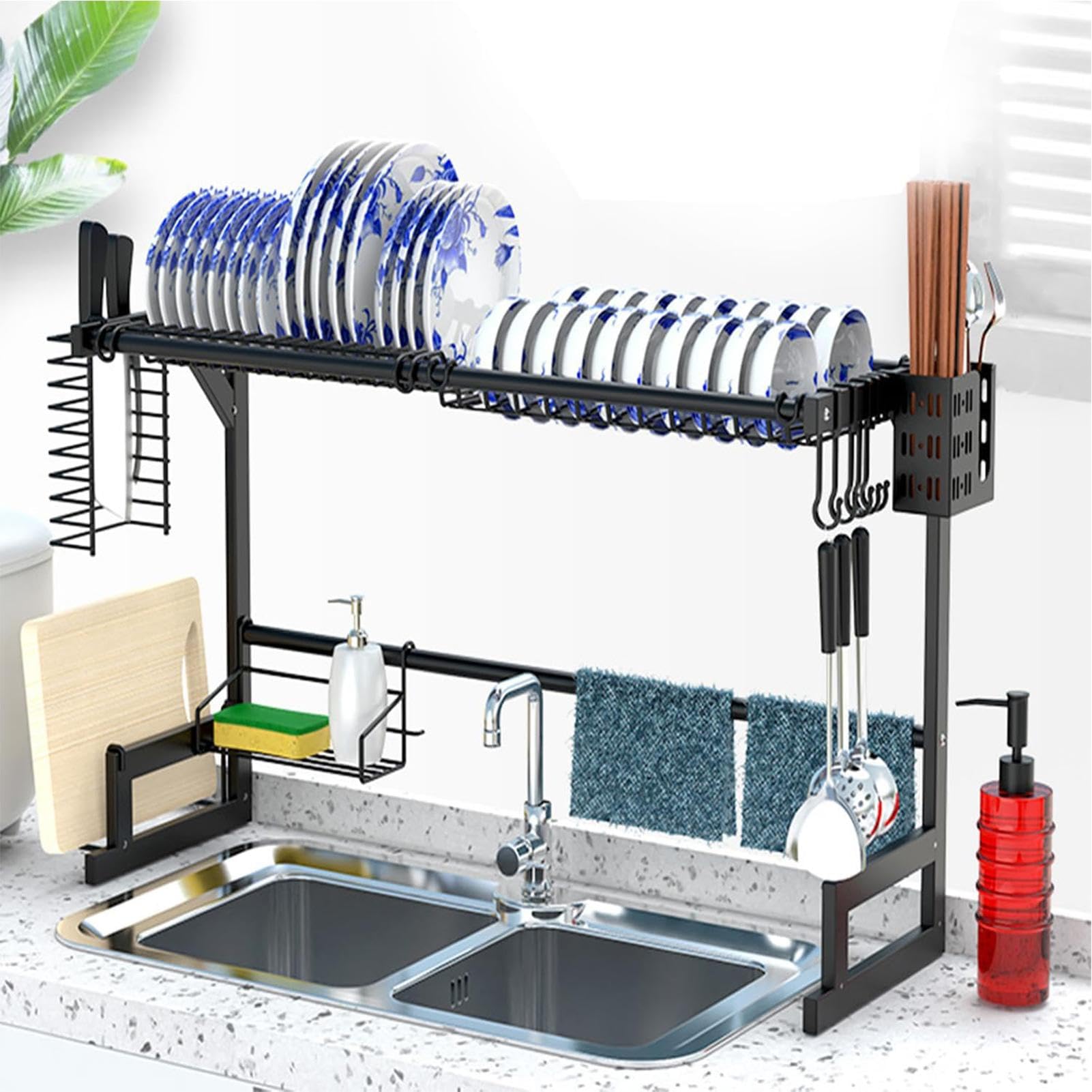 Escurridor de platos para fregadero, escurridor impermeable con ganchos, utensilio multifuncional con fregadero, soporte de secado compacto, escurridor de acero inoxidable para cocinas pequeñas | utensilio multifuncional con fregadero, soporte de secado c