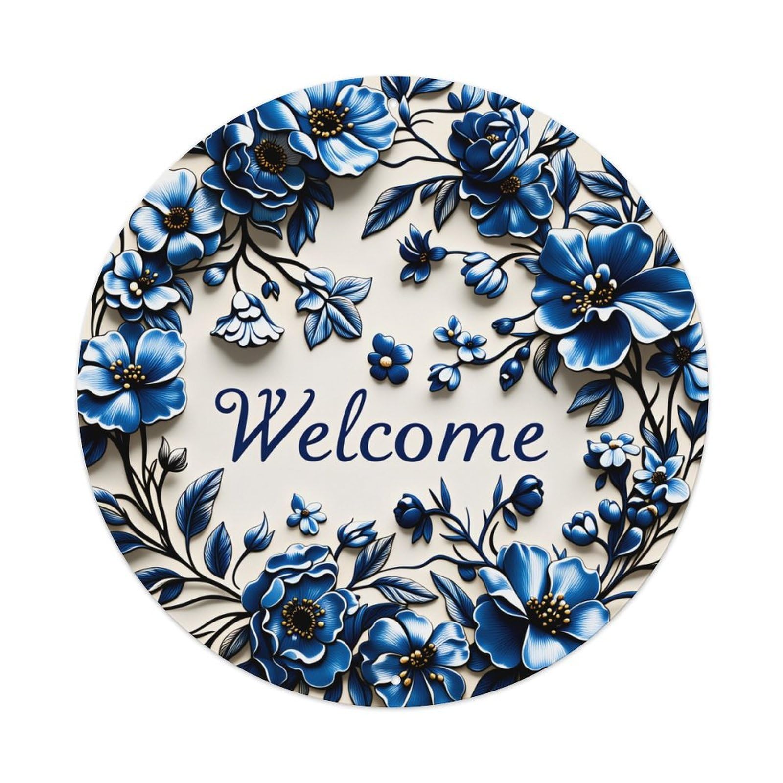 Blue Floral Wreath Welcome Design Round Tin Sign Vintage Style Metal Sign Home Bar Garden Wall Plaque Decor Metal Poster 8x8 Inch