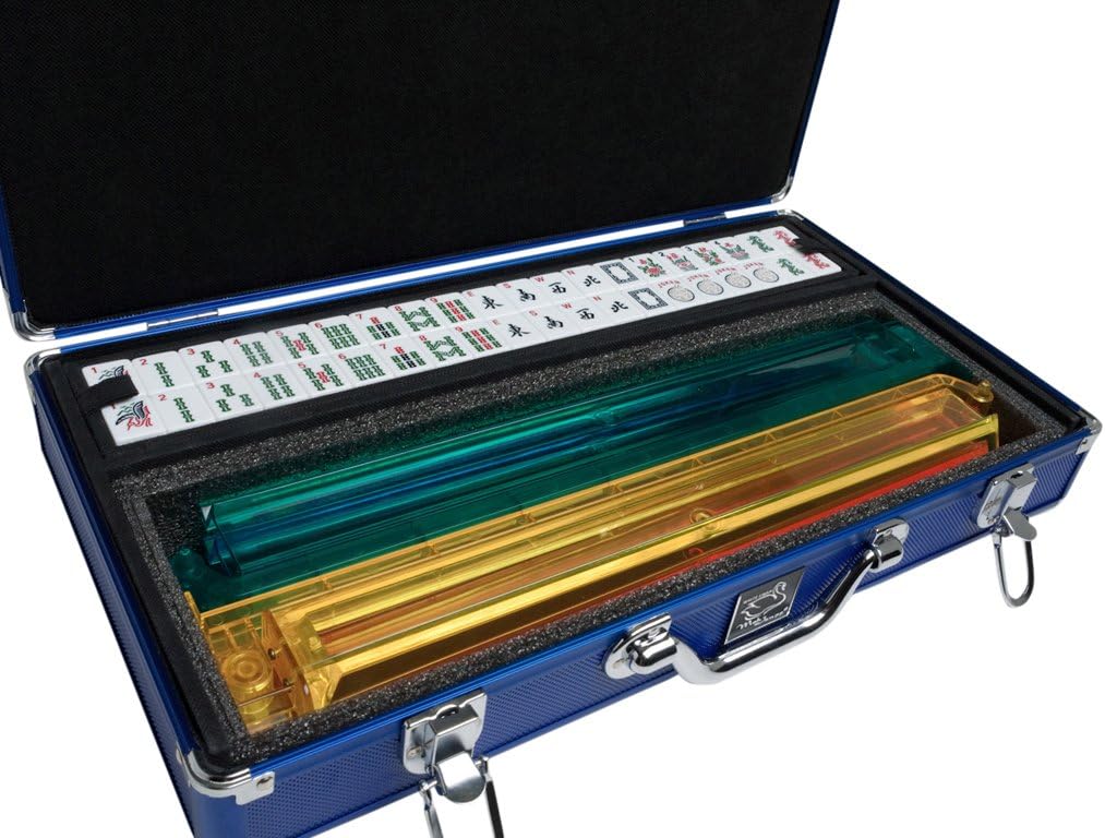 American Mah Jongg Set by White Swan – 166 White/Blue Engraved Tiles – 4 x All-in-One Rack/Pushers – Aluminum Case - Blue