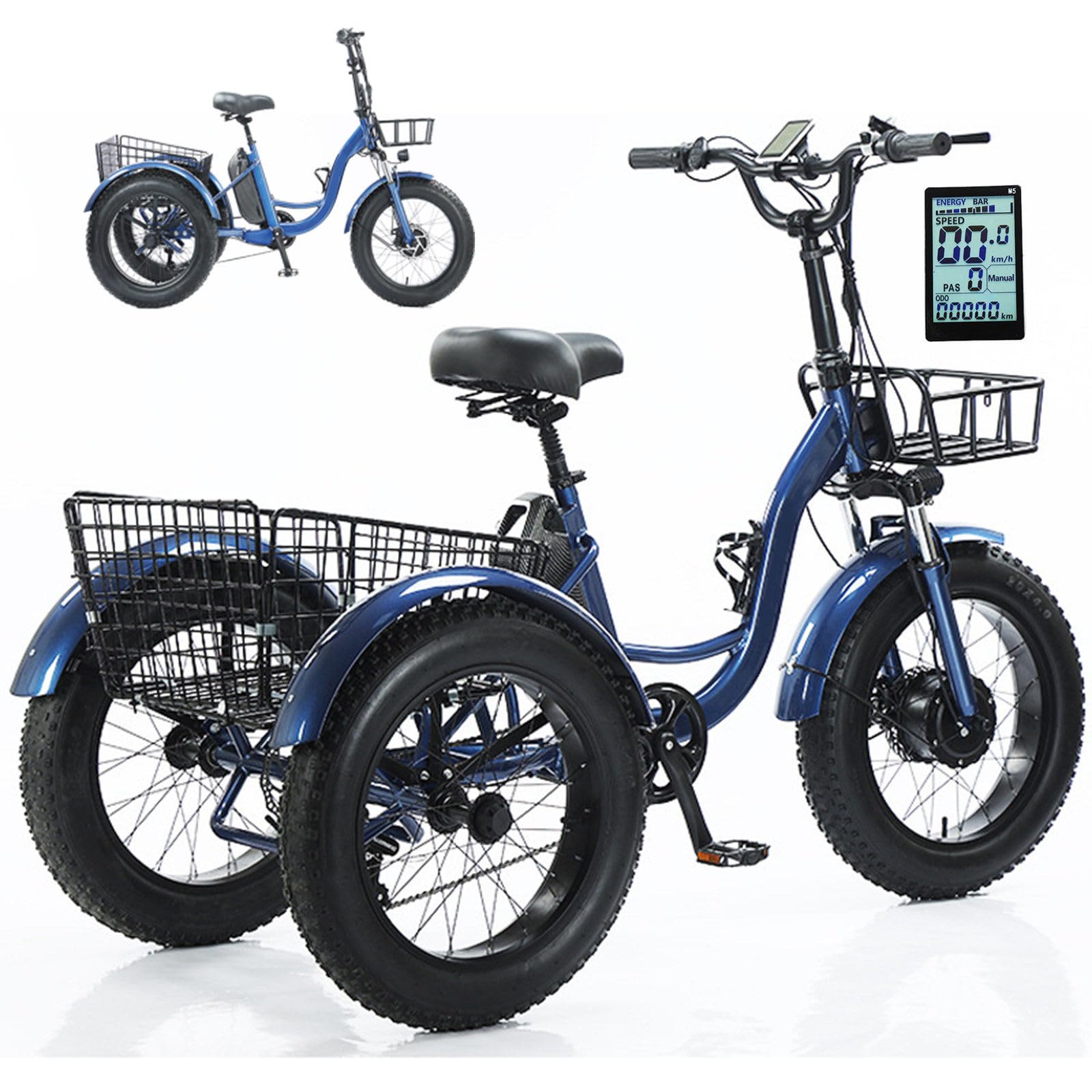 Tricycle électrique à Gros Pneus De 20 Pouces, Vélo De Neige à Batterie Au Lithium avec Assistance Au Pédalage, écran LCD, Siège Réglable, Charge Maximale : 150 kg, Autonomie : 30-40 km A