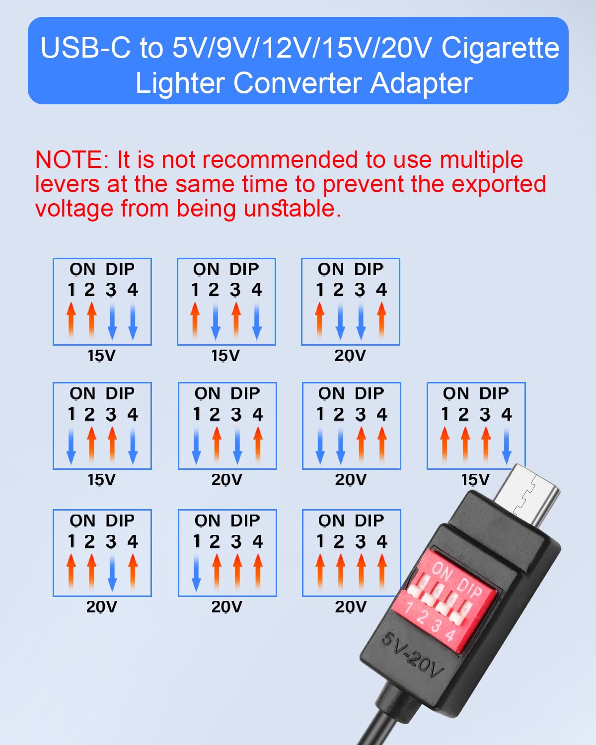 Adattatore USB C a accendisigari auto, 100 W, con adattatore USB A, interruttore DIP regolabile da 5 V/9 V/12 V/15 V/20 V, per dash cam, GPS, ecc