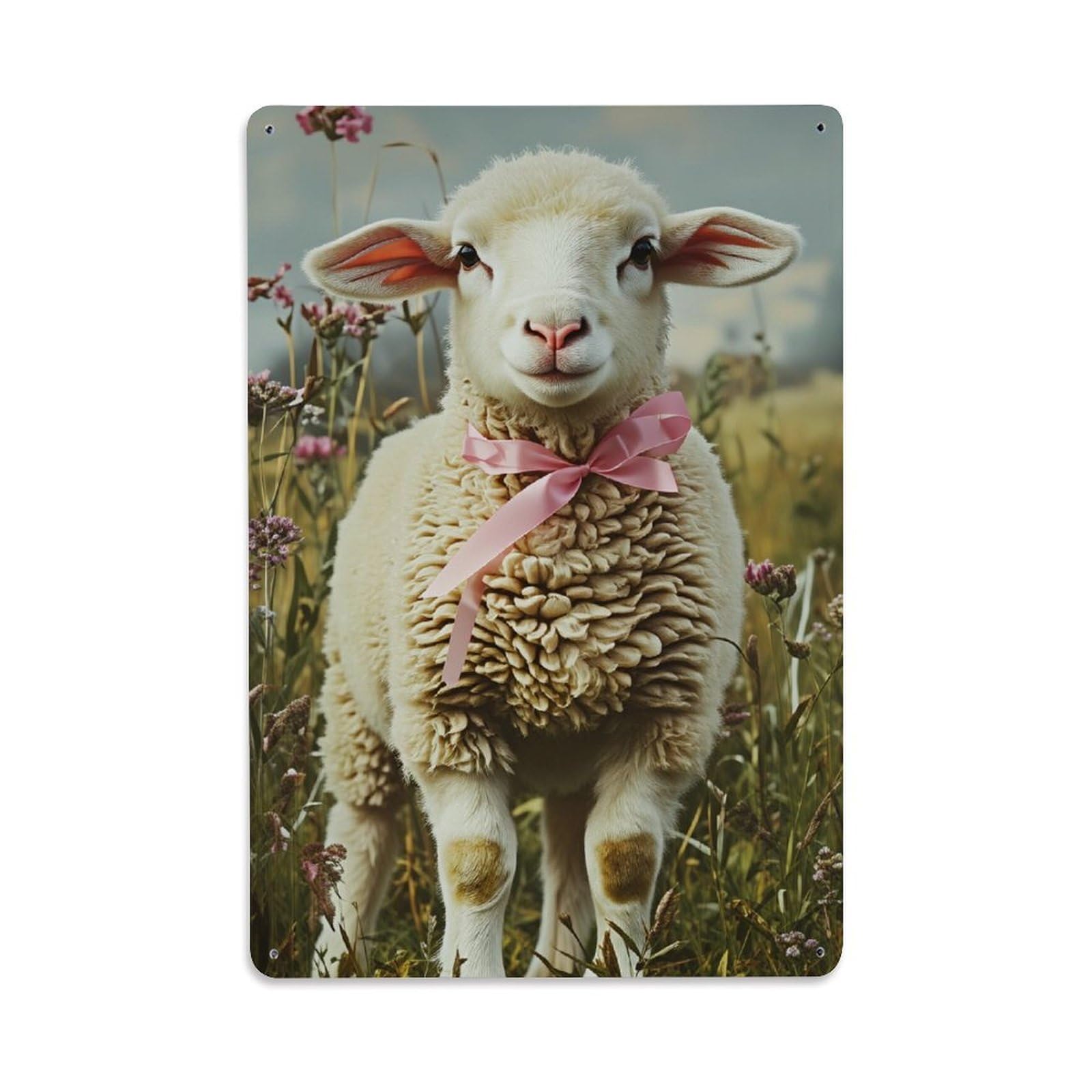 Enderetf Vintage Fluffy Lamb Pink Ribbon Field Tin Sign Metal Poster, Home Bar Garage Man Cave Cafe Indoor & Outdoor Wall Decoration 8X12inches