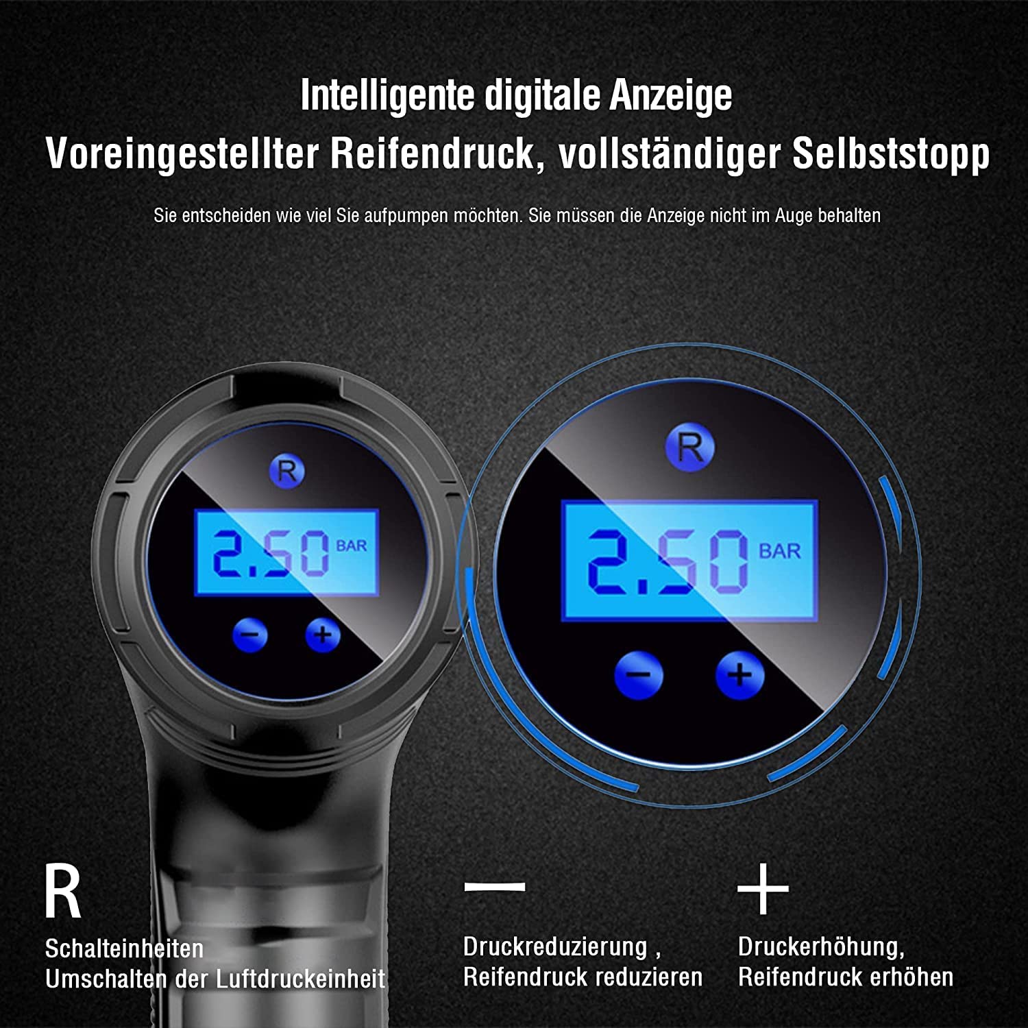 LEICKE Akku Luftpumpe, Kompressor 8.5V 100W 150PSI, Auto Luftpumpe Elektrisch Digital Portable air Compressor mit LCD Bildschirm 2200mAh DC Verpackung für Auto, Fahrrad,Motorrad und Ball