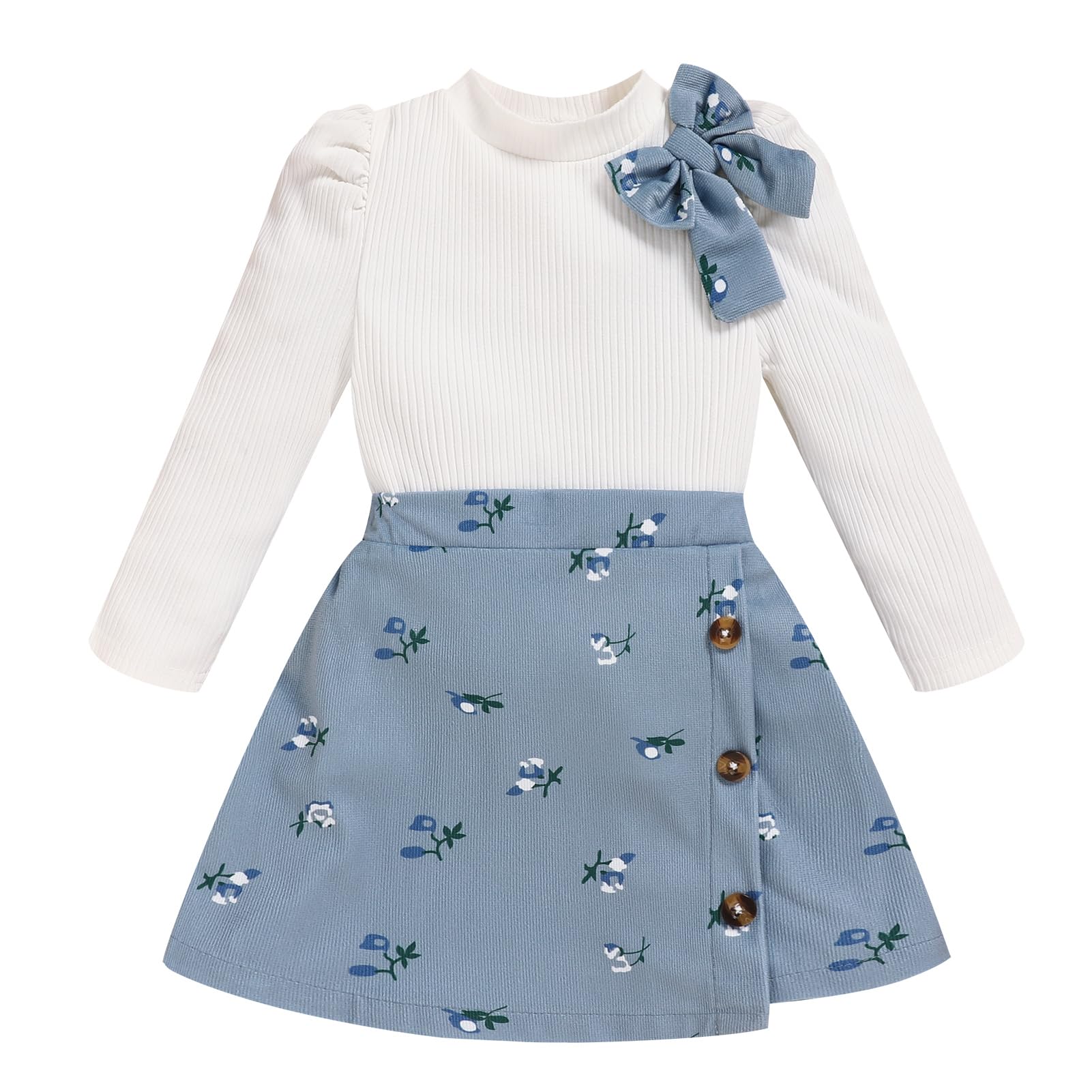 Toddler Girl Plaid Outfits Fall Winter Dress Knit Ribbed Bow Sweatshirt Tops and Button Fashion Skirts Set