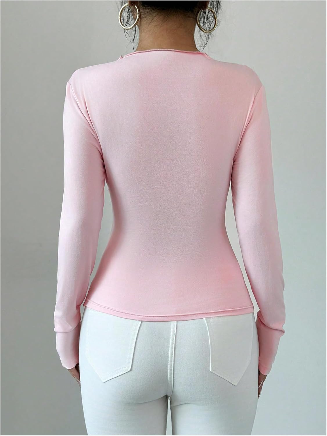 Women's Long Sleeve Elegant Top Mock Neck Ruched Tops Tight Tees Basic T Shirt - Image 2