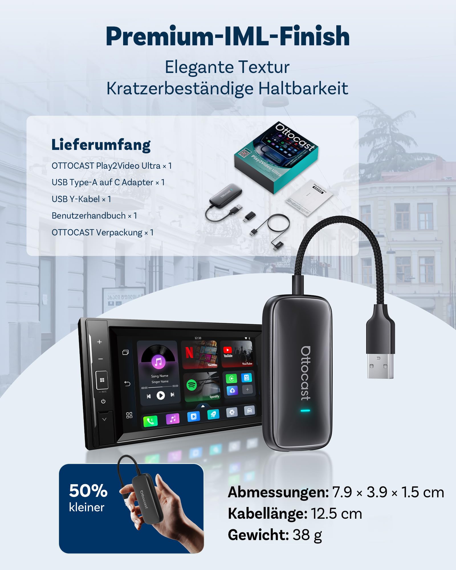 OTTOCAST Play2Video Ultra 2026 Upgrade, Wireless CarPlay Adapter AI Box mit YouTube, App Hub, bis zu 5 zusätzliche Apps, kompatibel mit OEM CarPlay Autos ab Baujahr 2016
